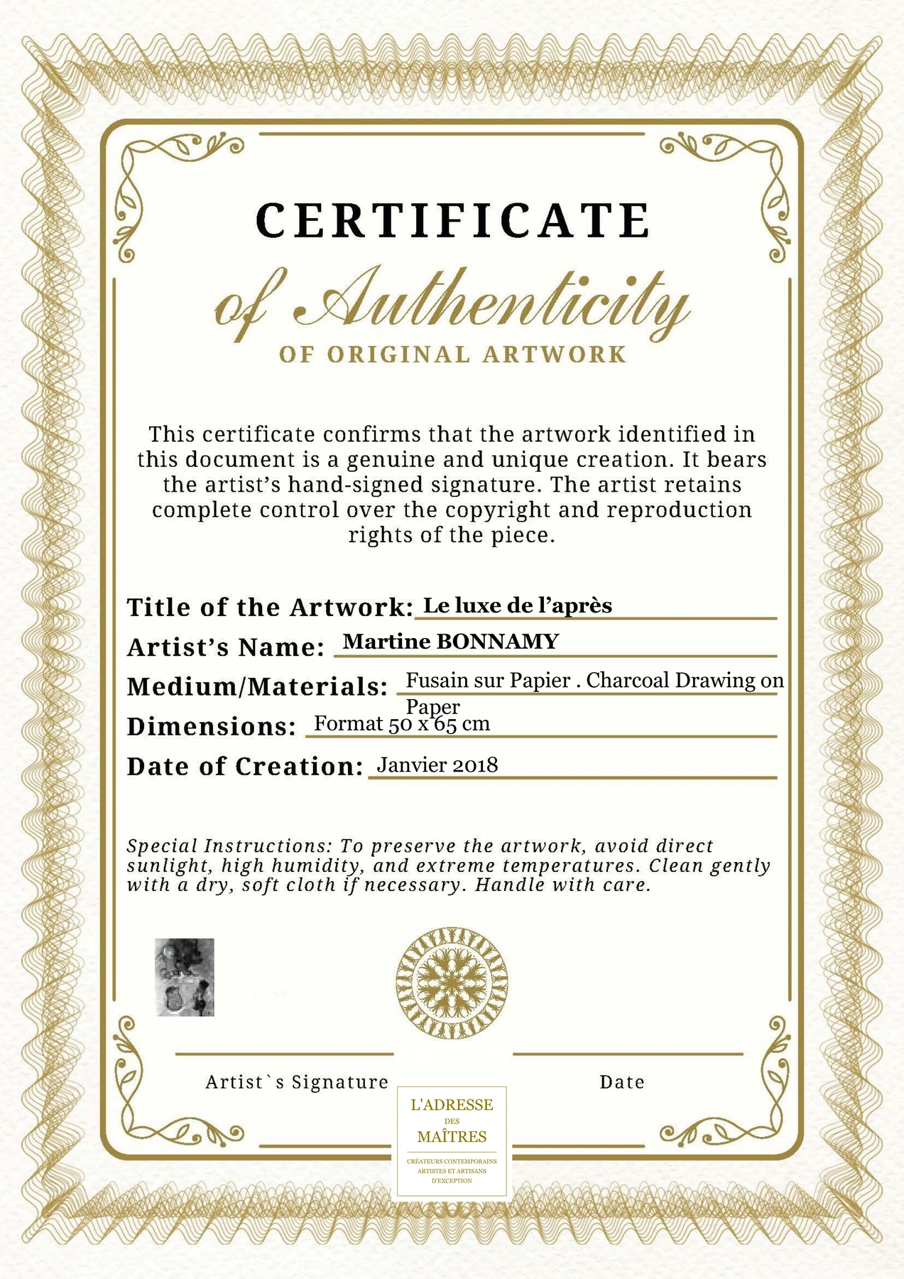 Certificat d'authenticité - Le luxe de l’après - Martine BONNAMY