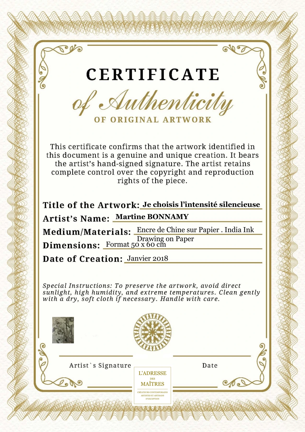 Certificat d'authenticité - Je choisis l’intensité silencieuse - Martine BONNAMY