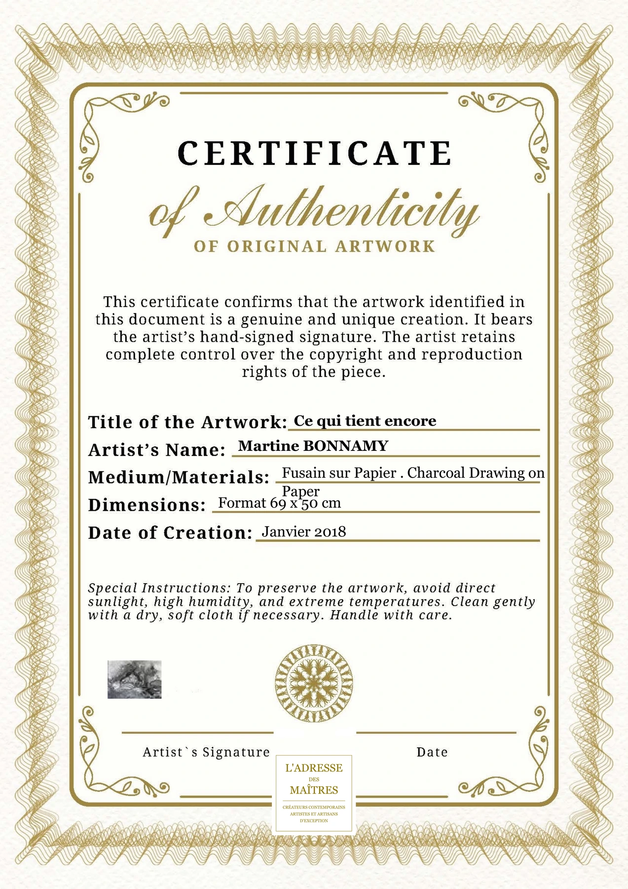 Certificat d'authenticité - Ce qui tient encore - Martine BONNAMY