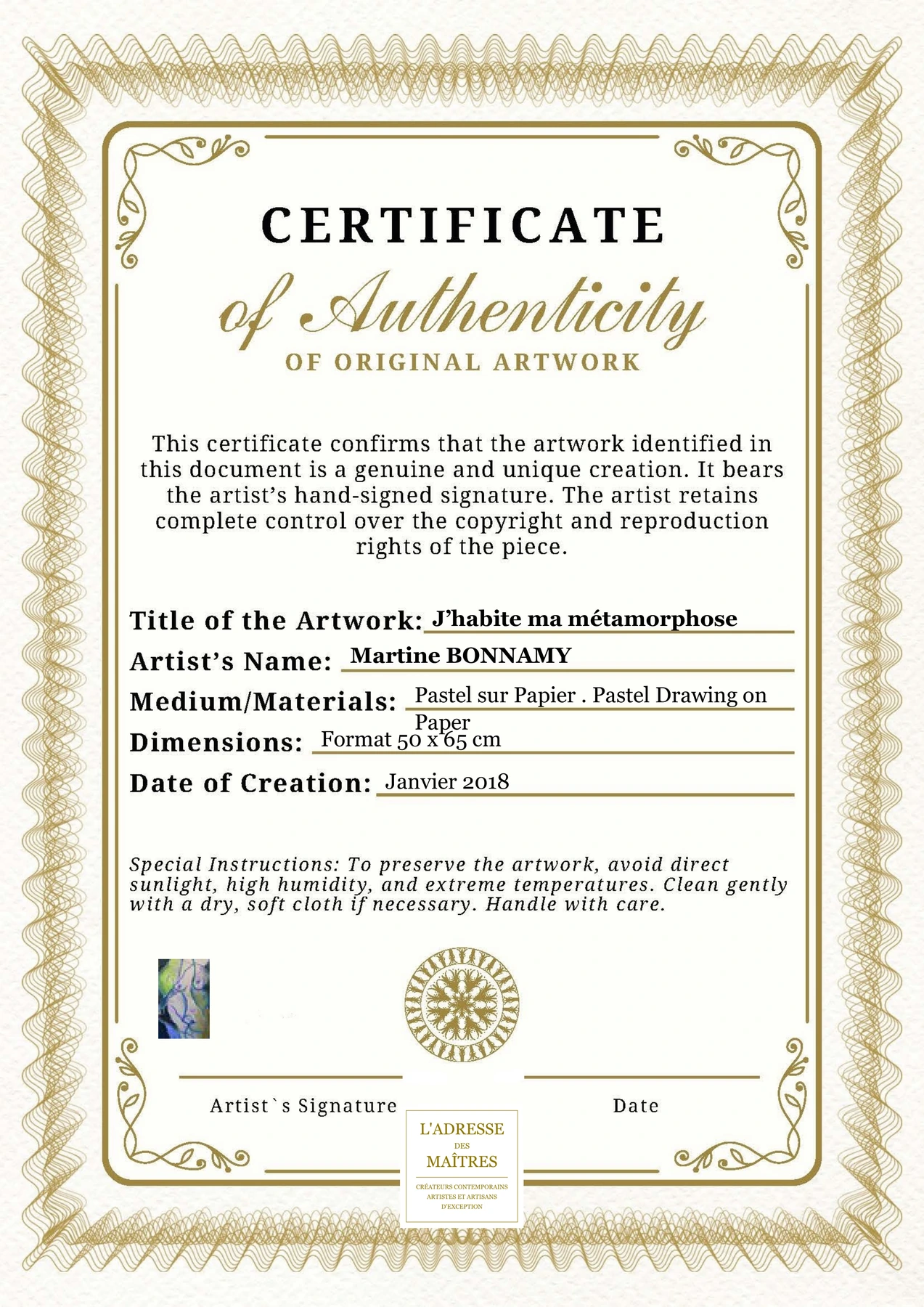 Certificat d'authenticité - J’habite ma métamorphose - Martine BONNAMY