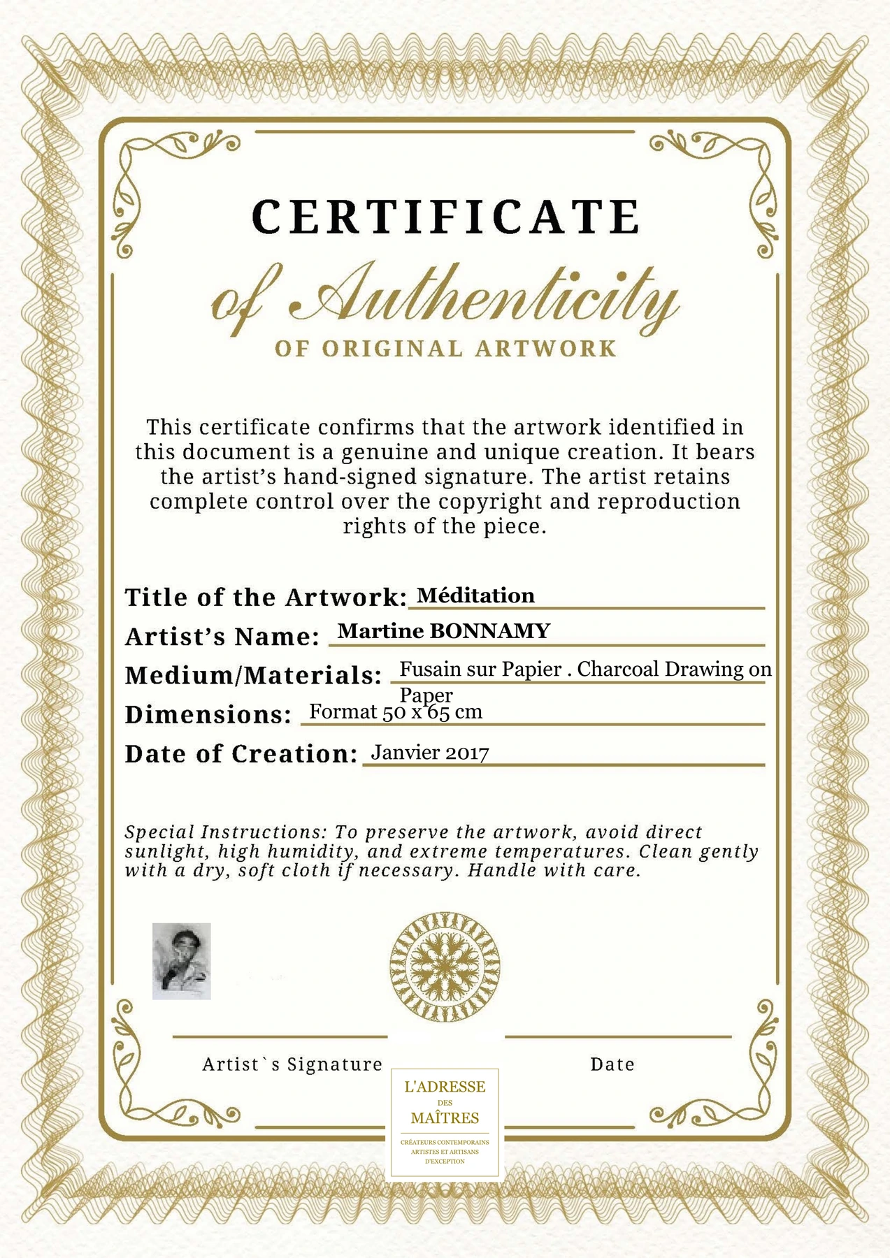 Certificat d'authenticité - Méditation - Martine BONNAMY