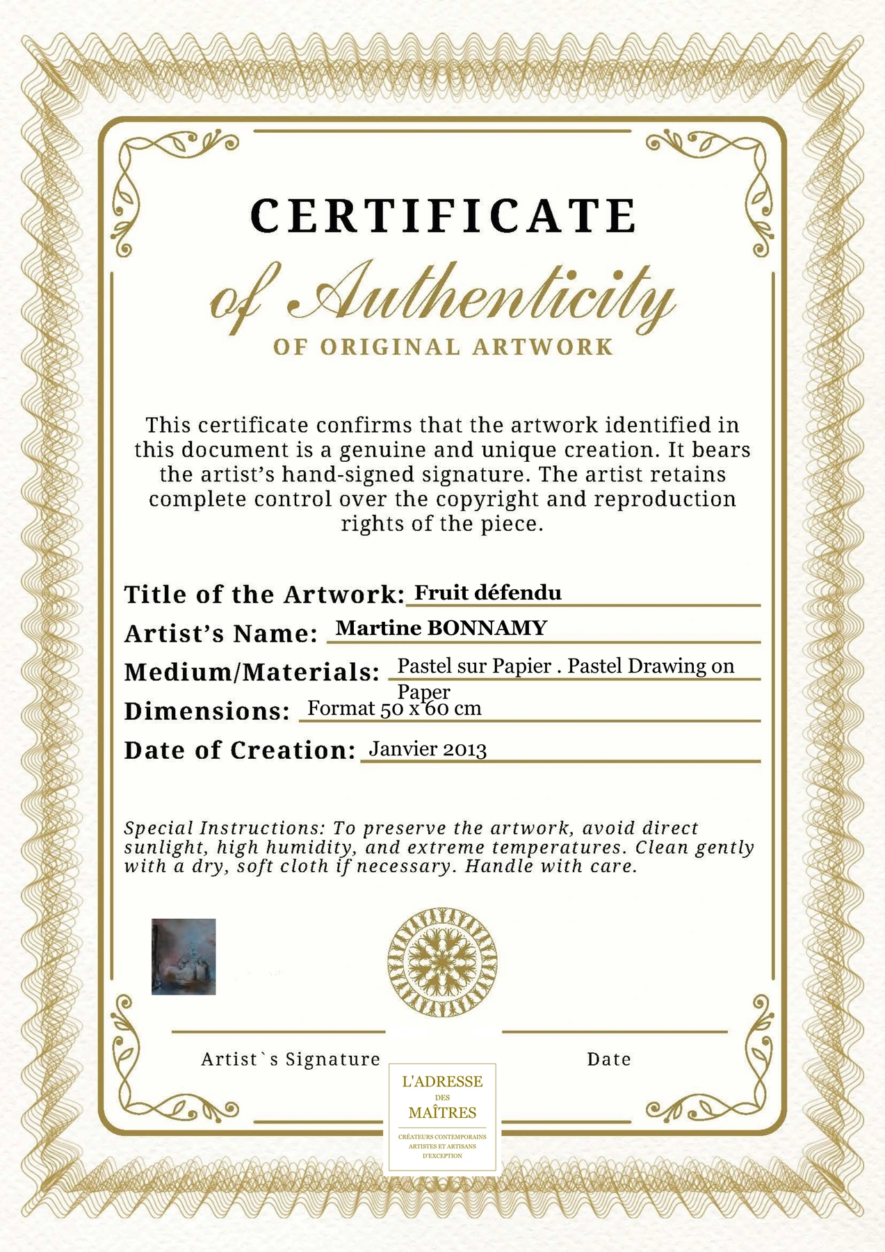 Certificat d'authenticité - Fruit défendu - Martine BONNAMY