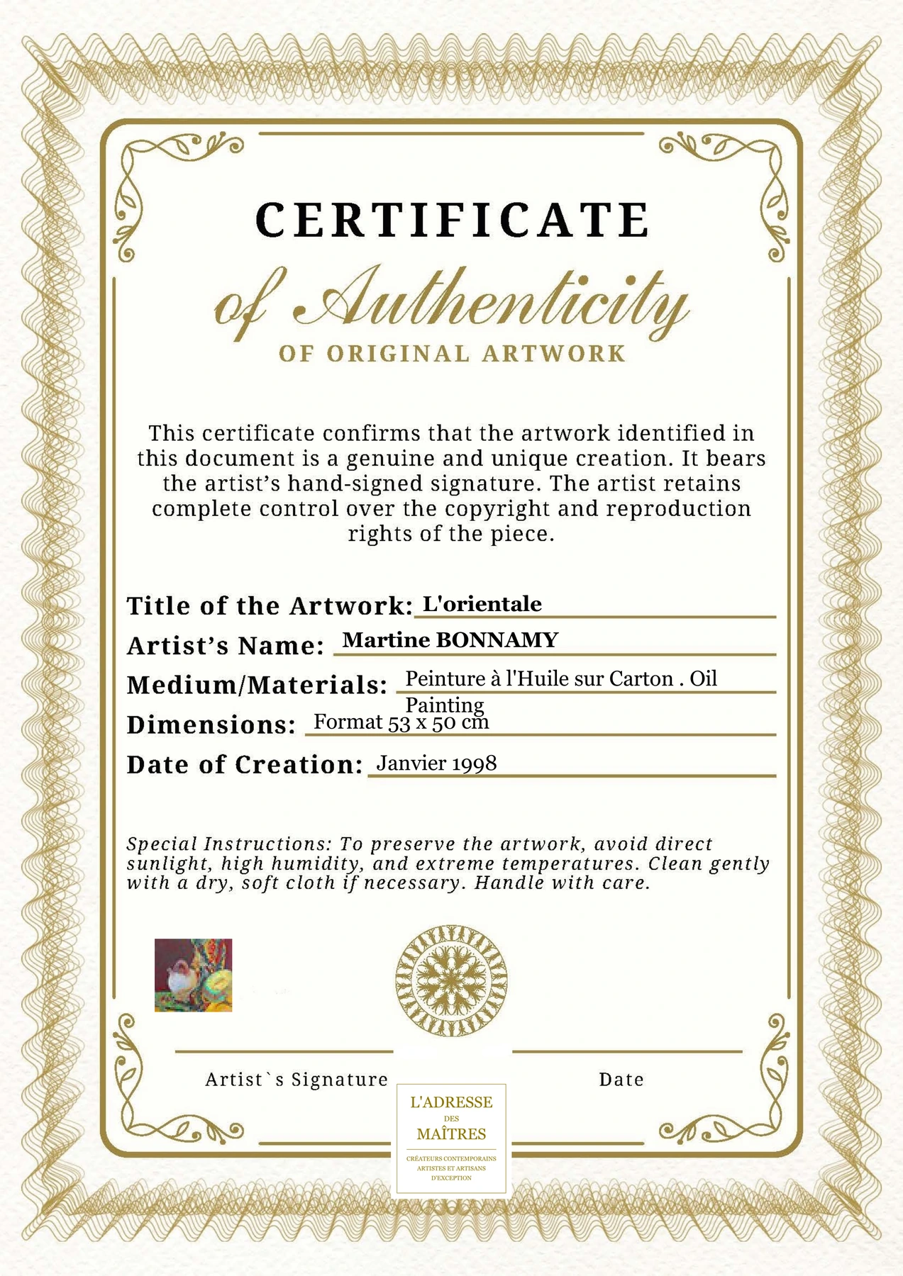 Certificat d'authenticité - L'orientale - Martine BONNAMY