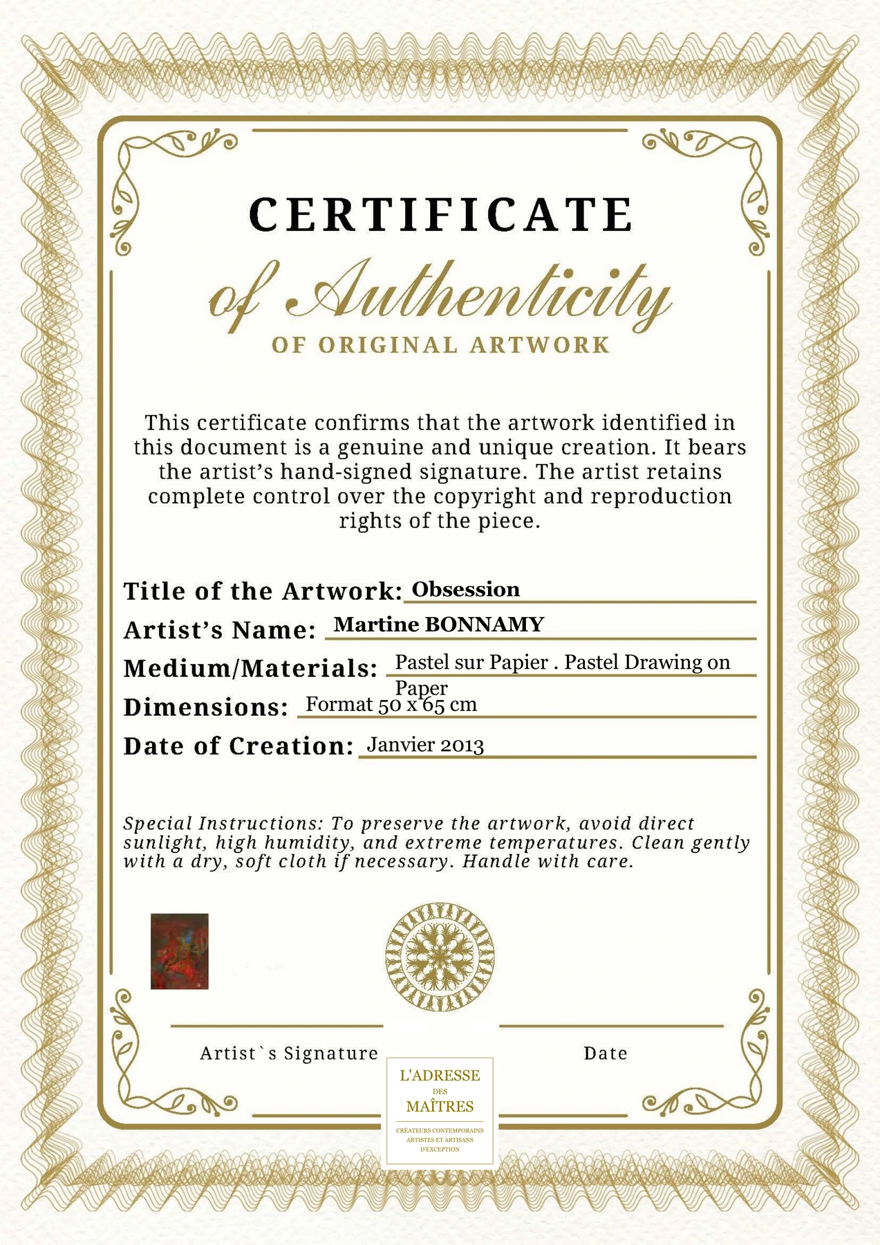 Certificat d'authenticité - Obsession - Martine BONNAMY