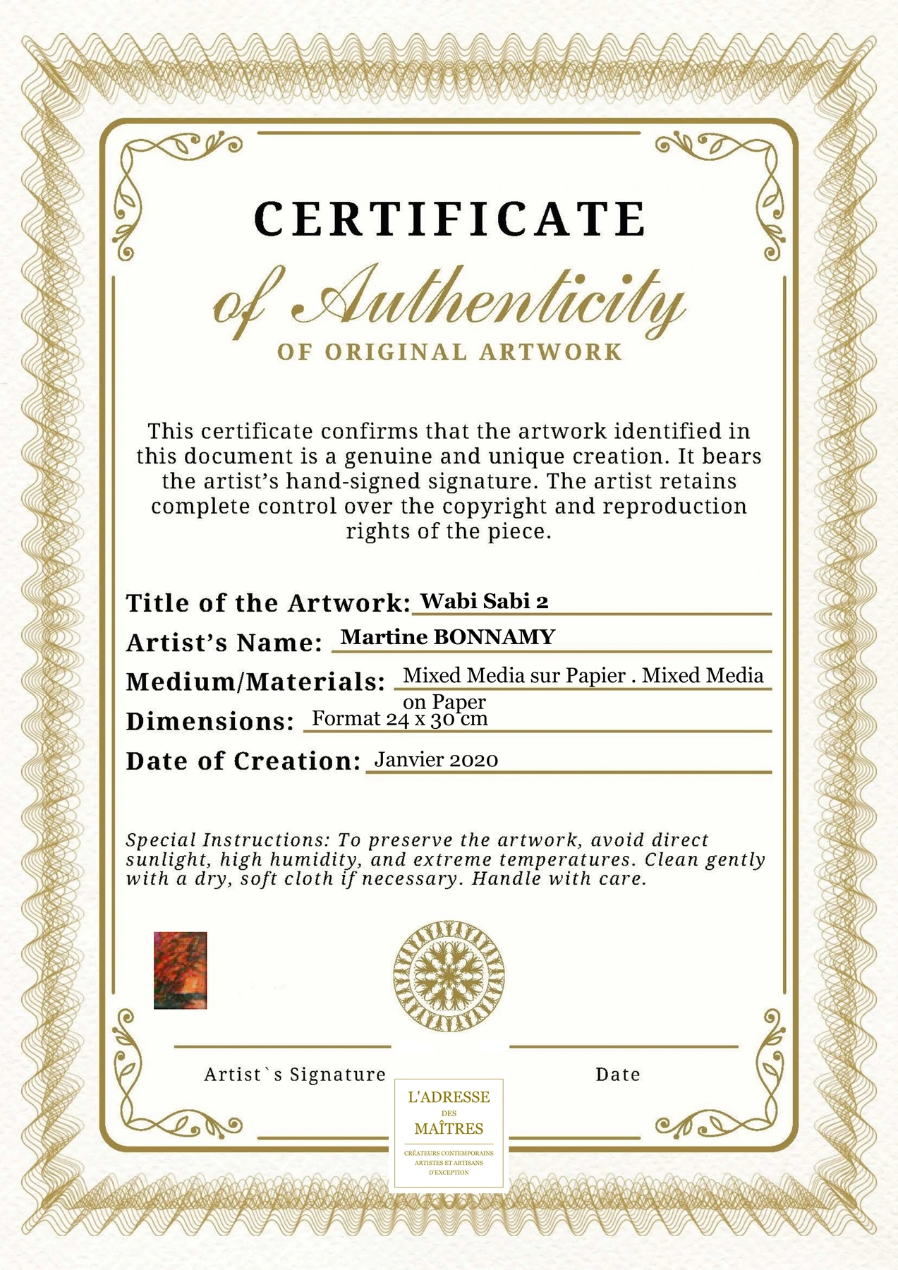 Certificat d'authenticité - Wabi Sabi 2 - Martine BONNAMY