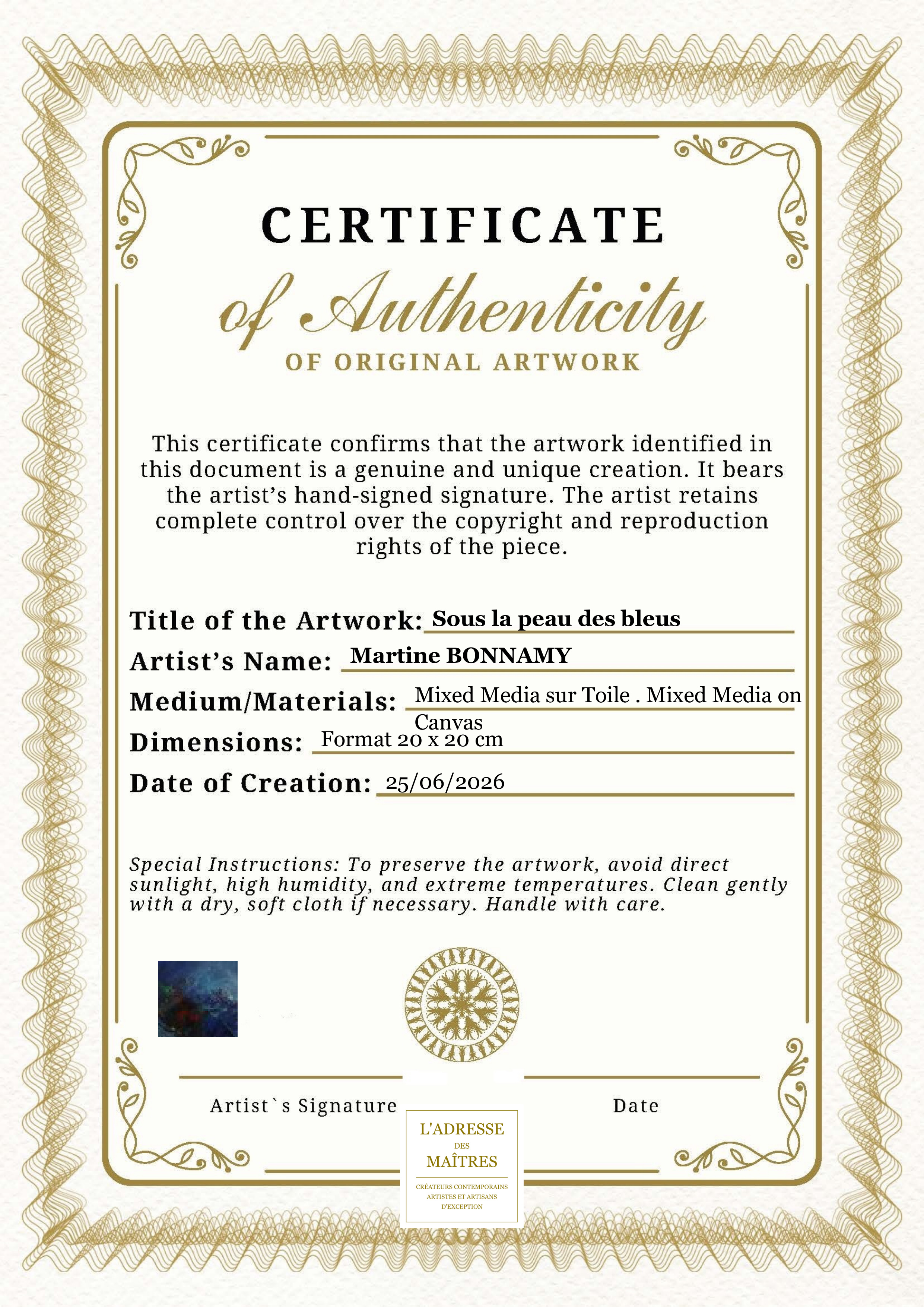 Certificat d'authenticité — Sous la peau des bleus — Martine BONNAMY