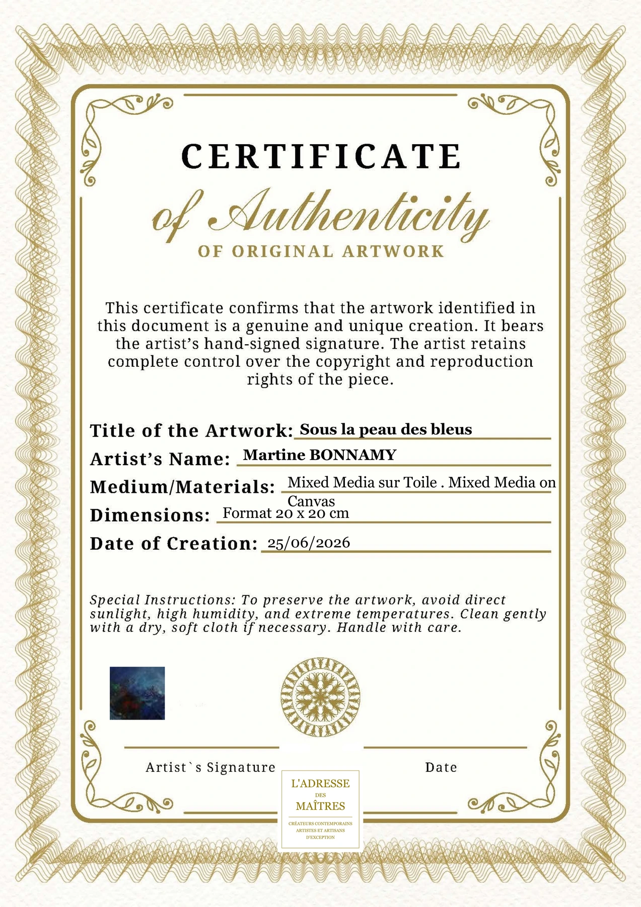 Certificat d'authenticité - Sous la peau des bleus - Martine BONNAMY