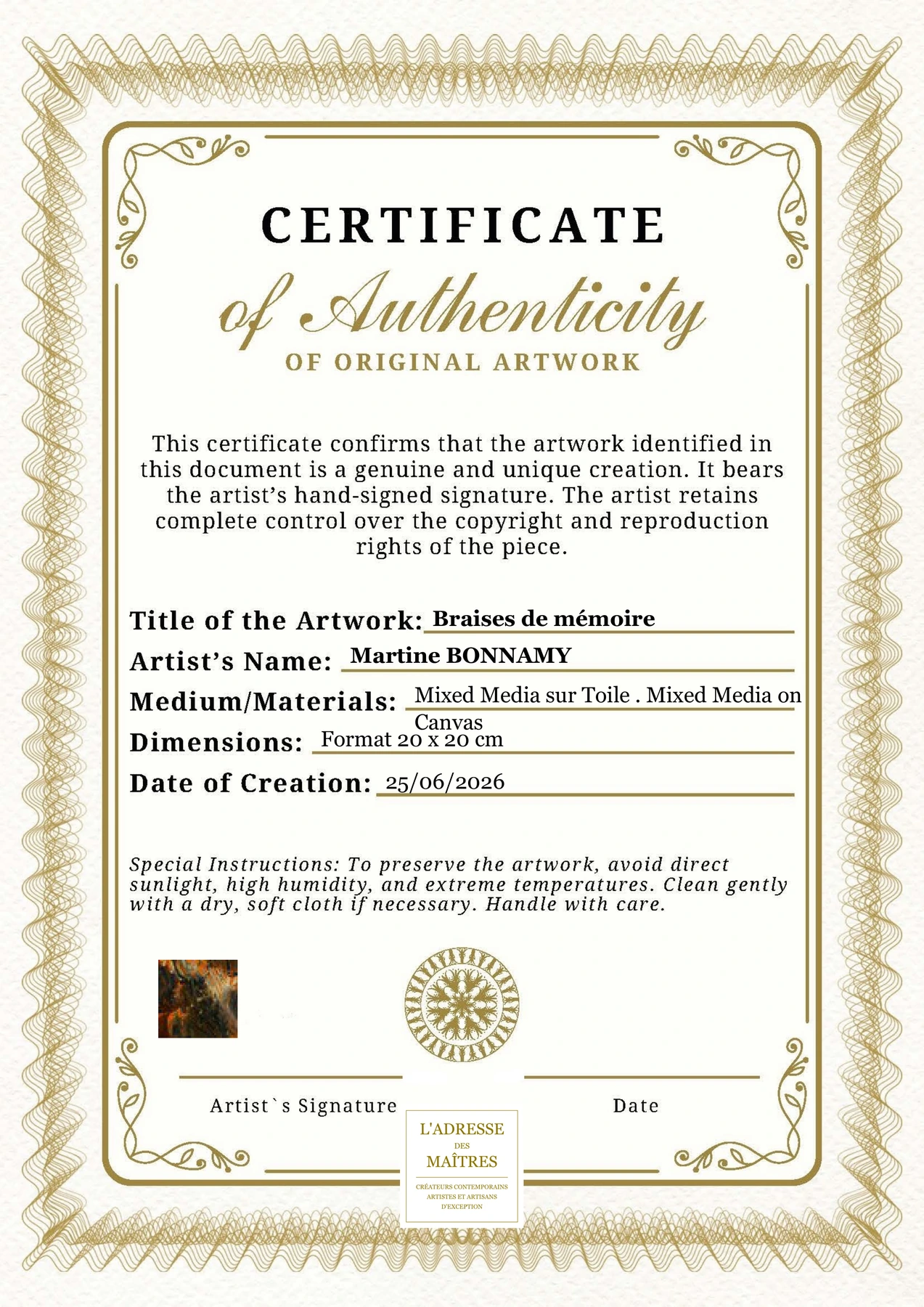 Certificat d'authenticité - Braises de mémoire - Martine BONNAMY
