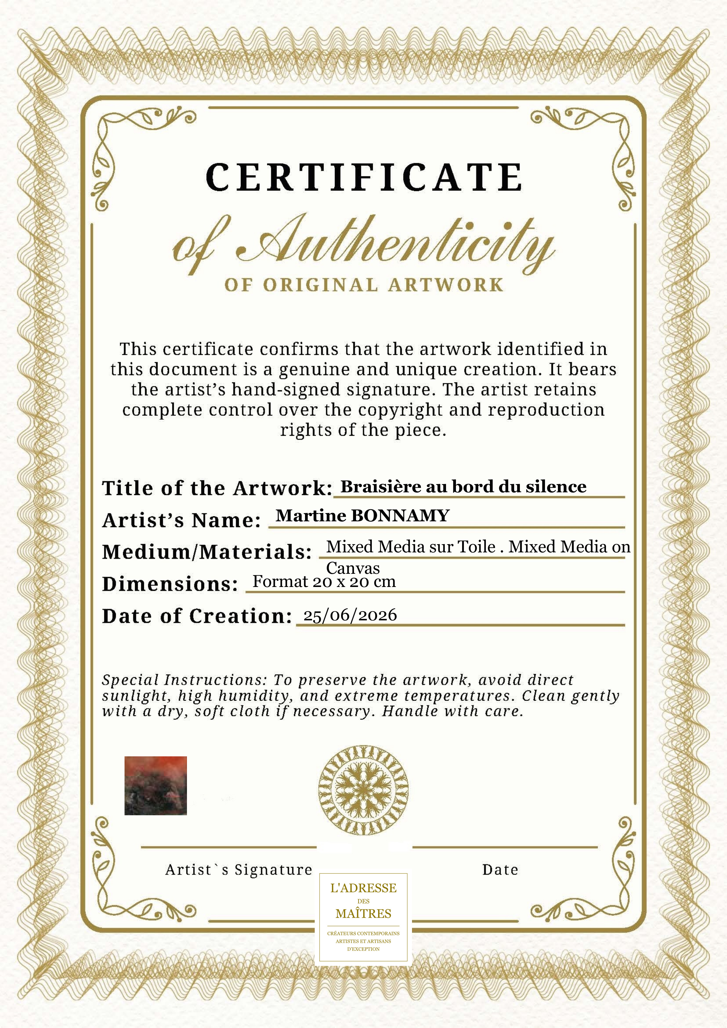 Certificat d'authenticité — Braisière au bord du silence — Martine BONNAMY