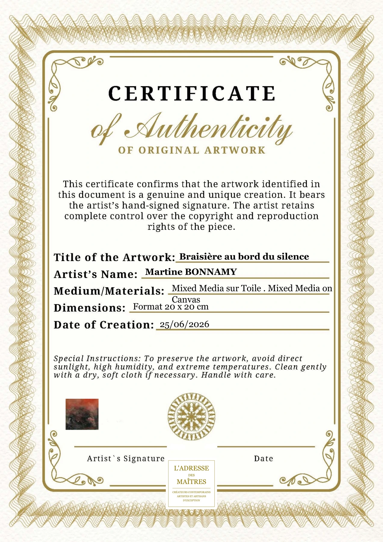 Certificat d'authenticité - Braisière au bord du silence - Martine BONNAMY