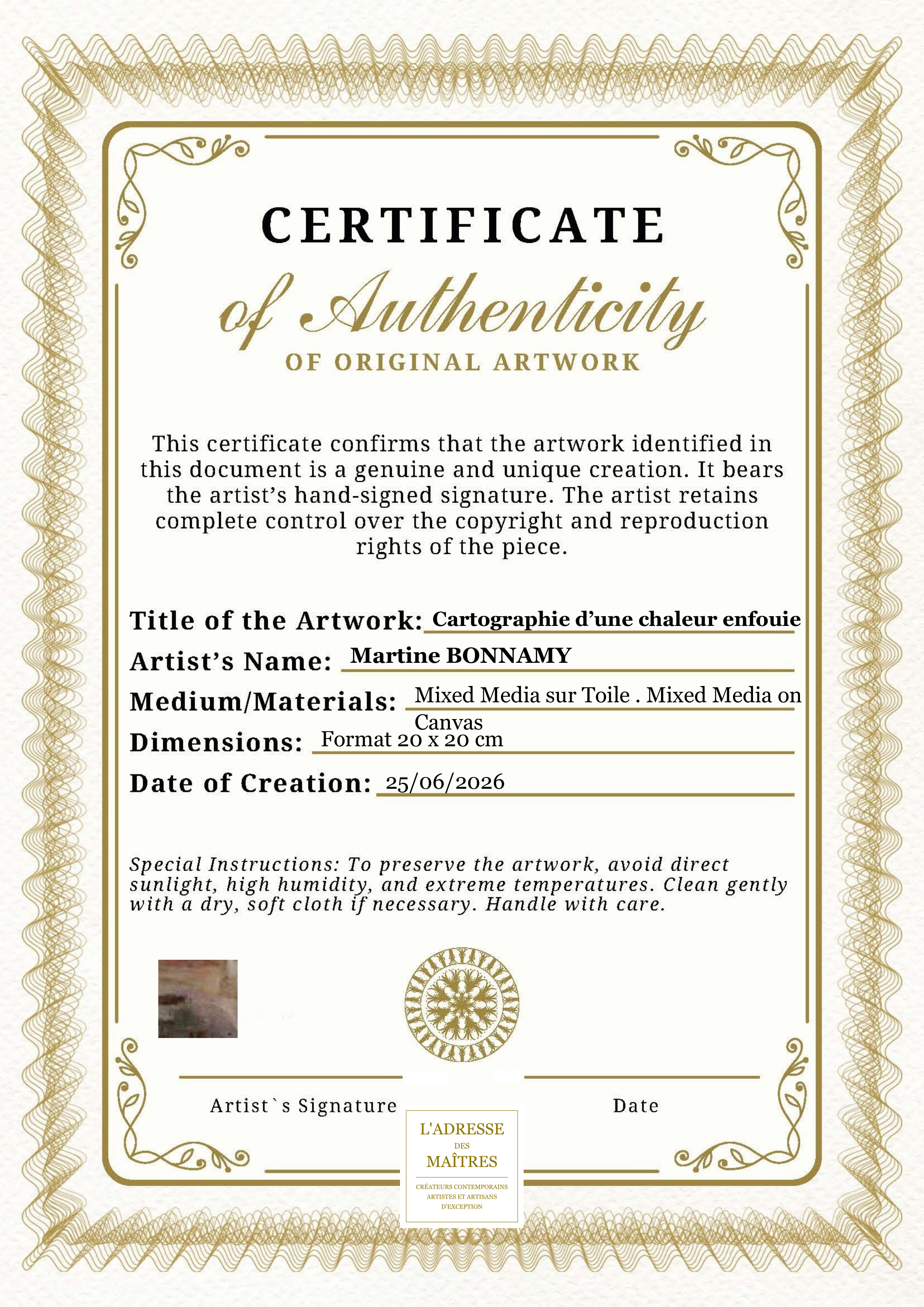 Certificat d'authenticité — Cartographie d’une chaleur enfouie — Martine BONNAMY