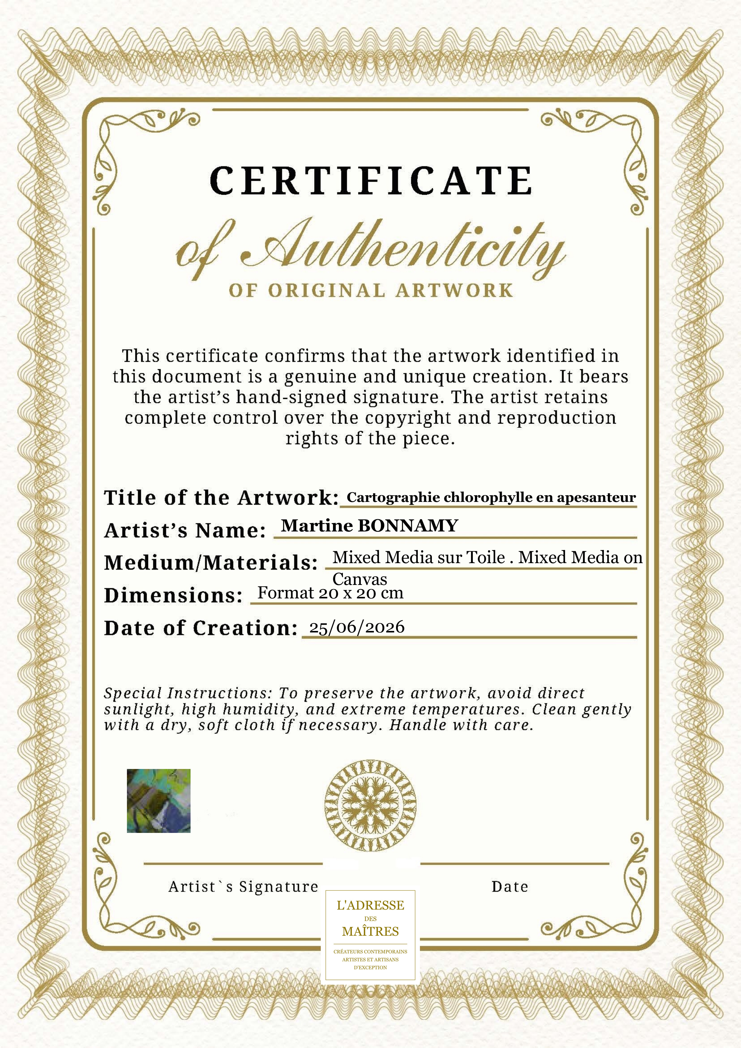 Certificat d'authenticité — Cartographie chlorophylle en apesanteur — Martine BONNAMY