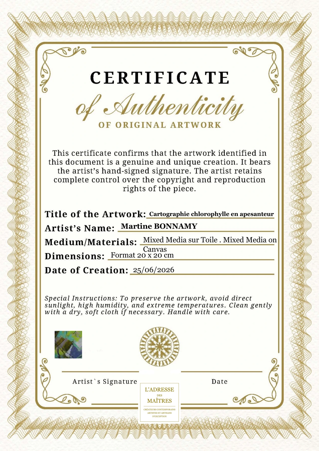 Certificat d'authenticité - Cartographie chlorophylle en apesanteur - Martine BONNAMY