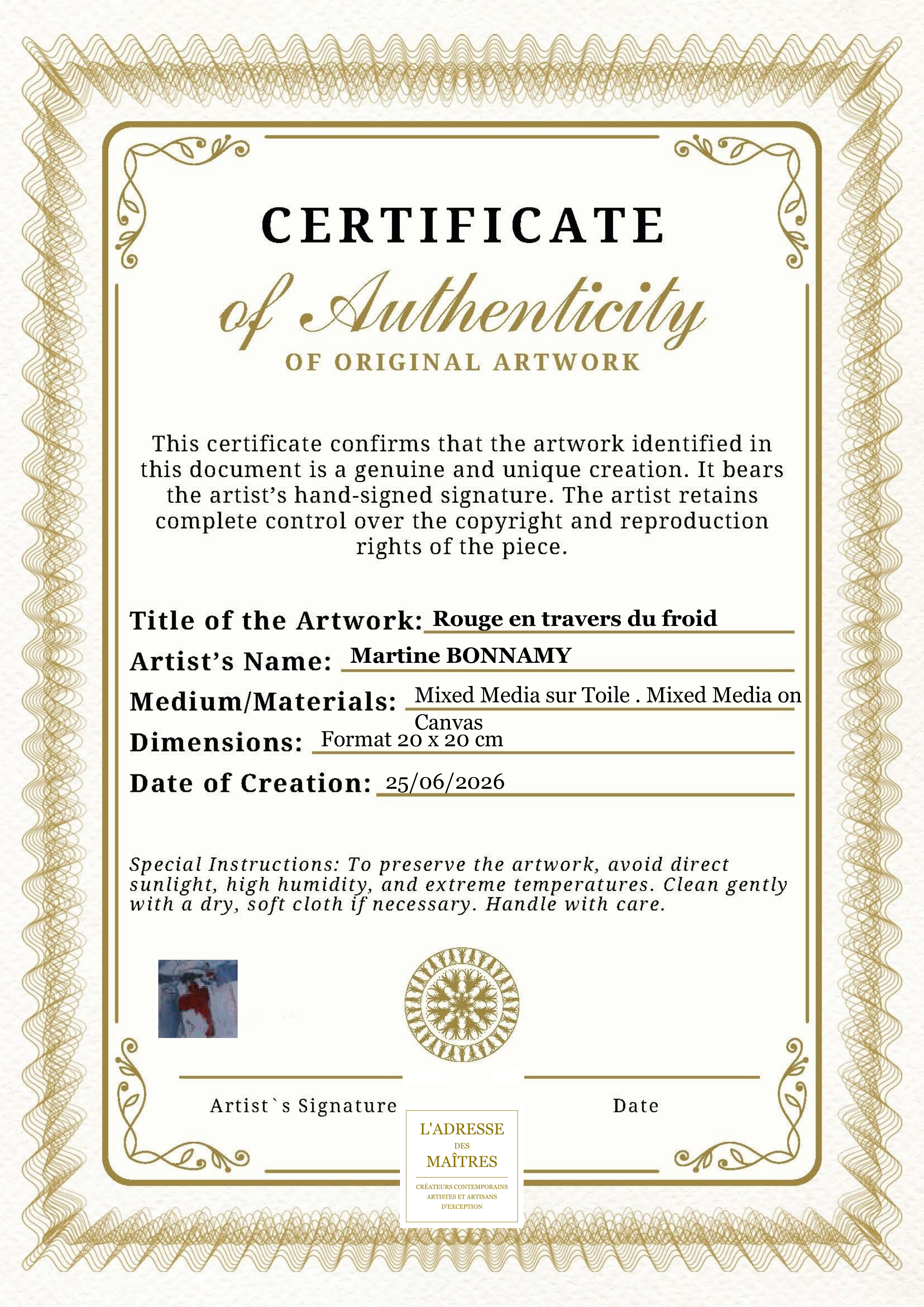 Certificat d'authenticité — Rouge en travers du froid — Martine BONNAMY