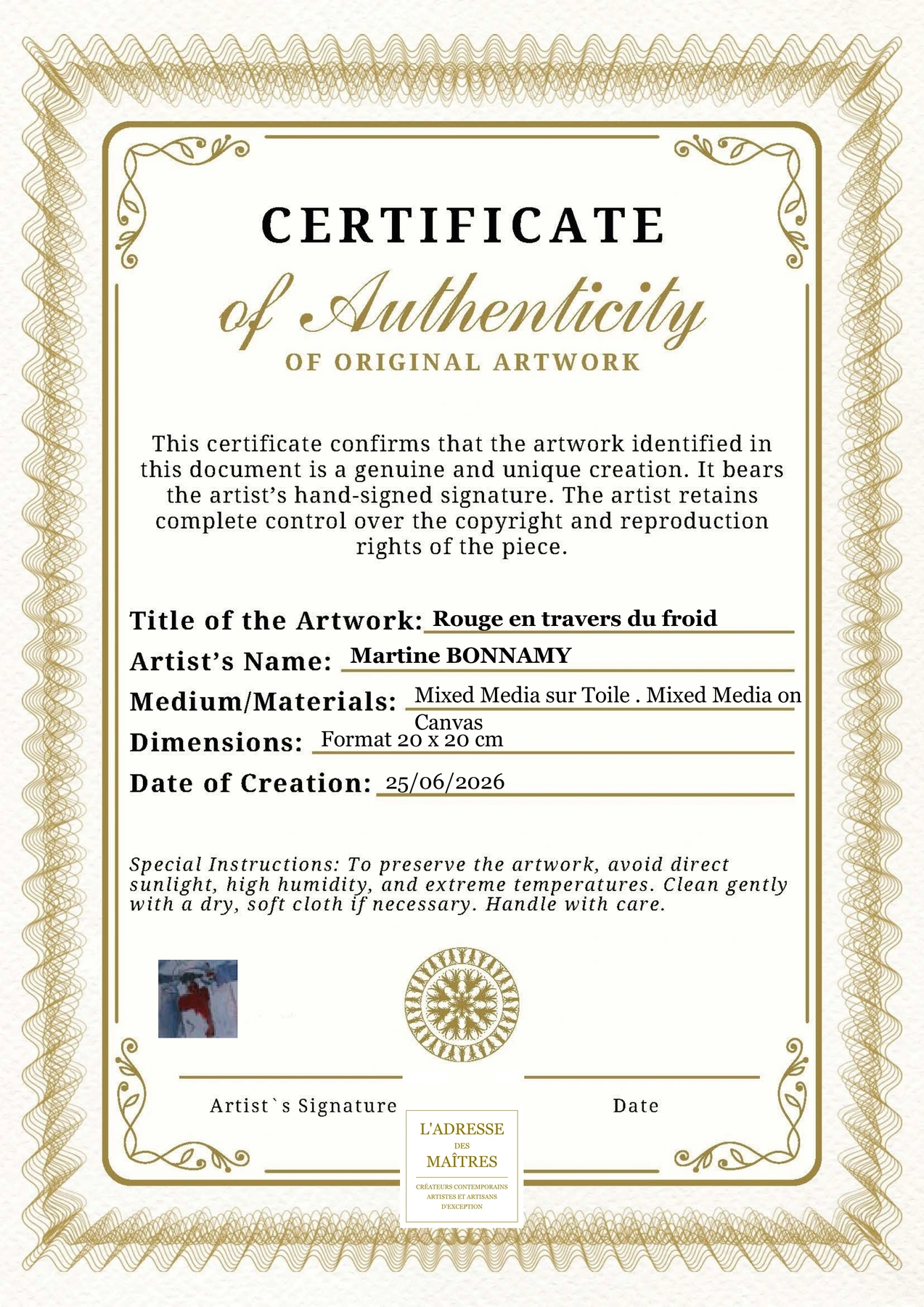 Certificat d'authenticité - Rouge en travers du froid - Martine BONNAMY