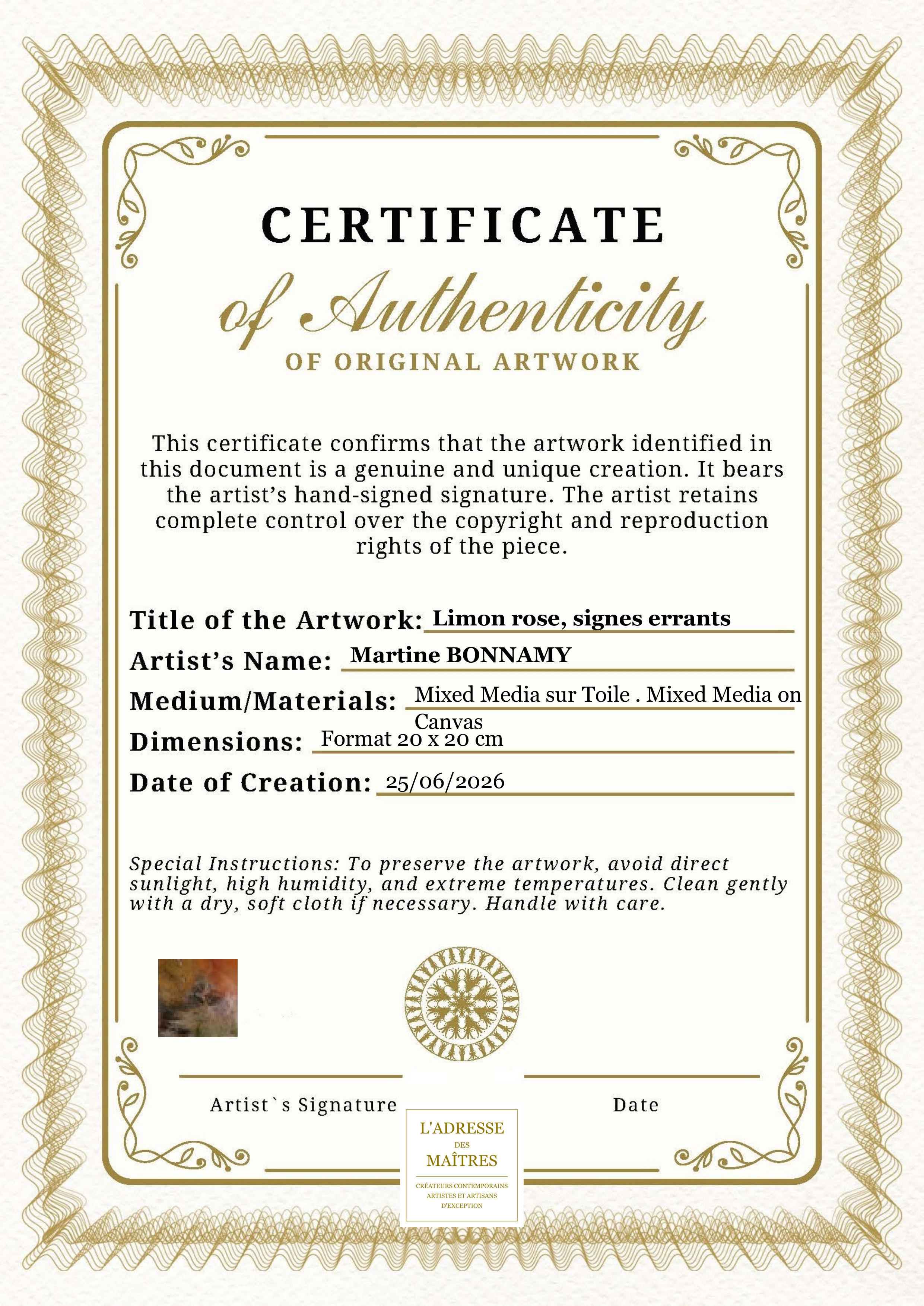 Certificat d'authenticité — Limon rose, signes errants — Martine BONNAMY