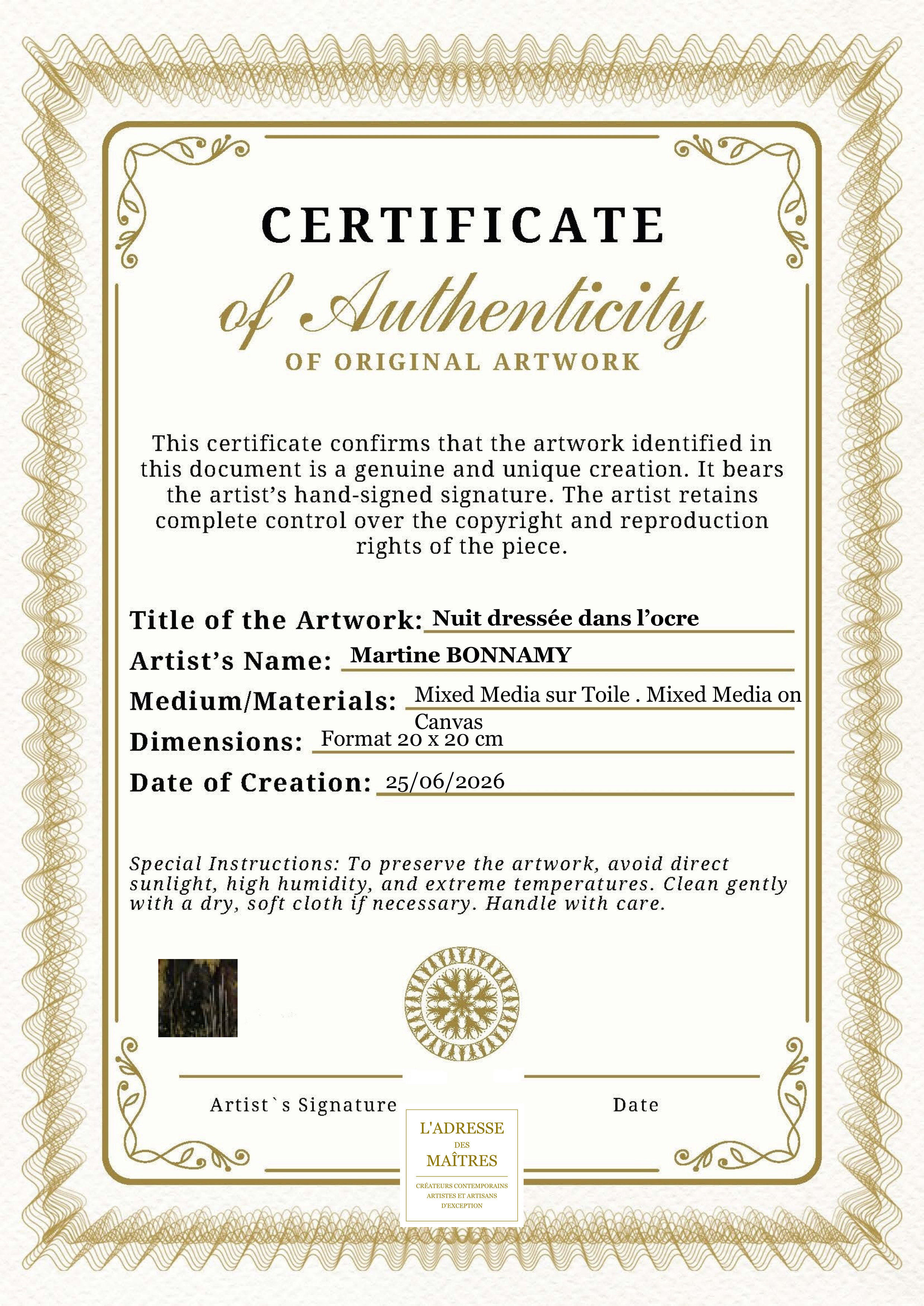 Certificat d'authenticité — Nuit dressée dans l’ocre — Martine BONNAMY