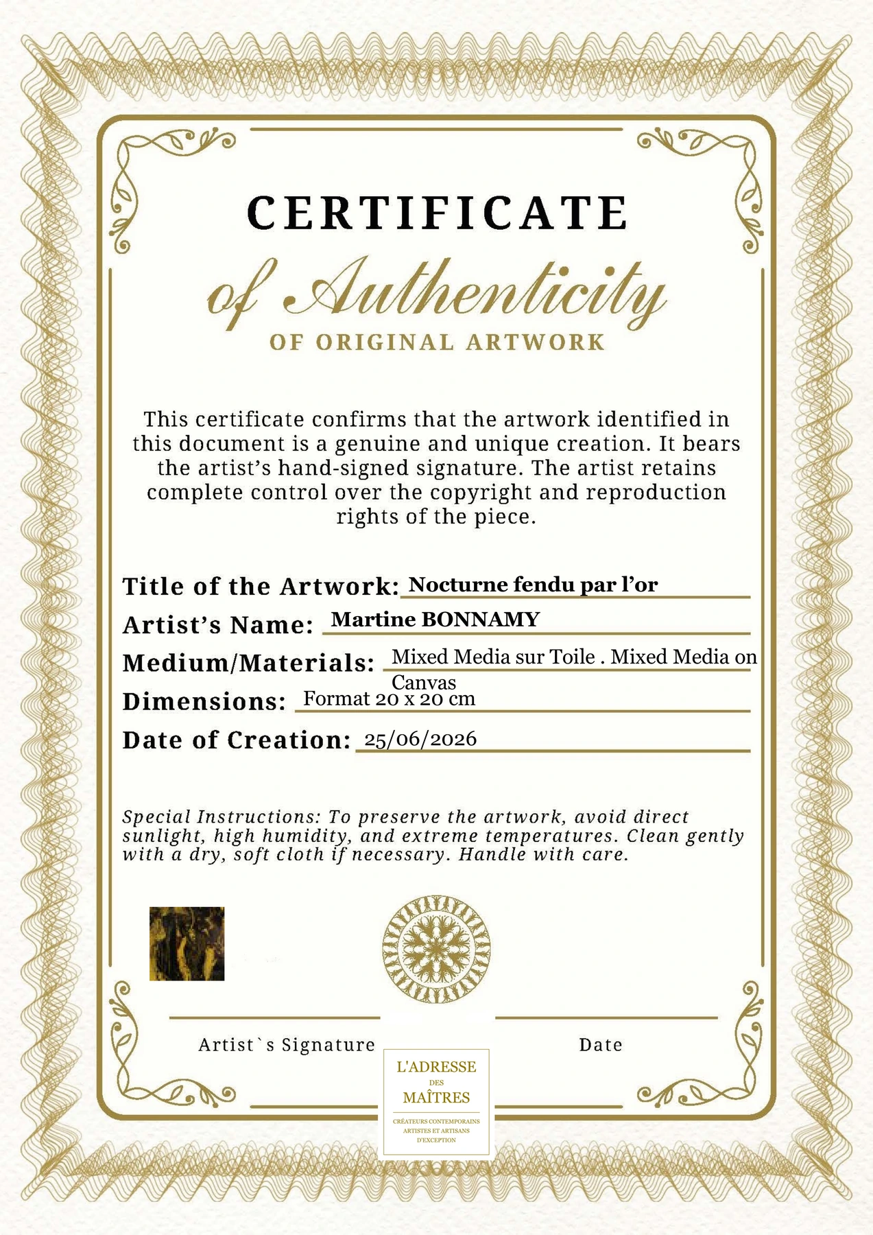 Certificat d'authenticité - Nocturne fendu par l’or - Martine BONNAMY