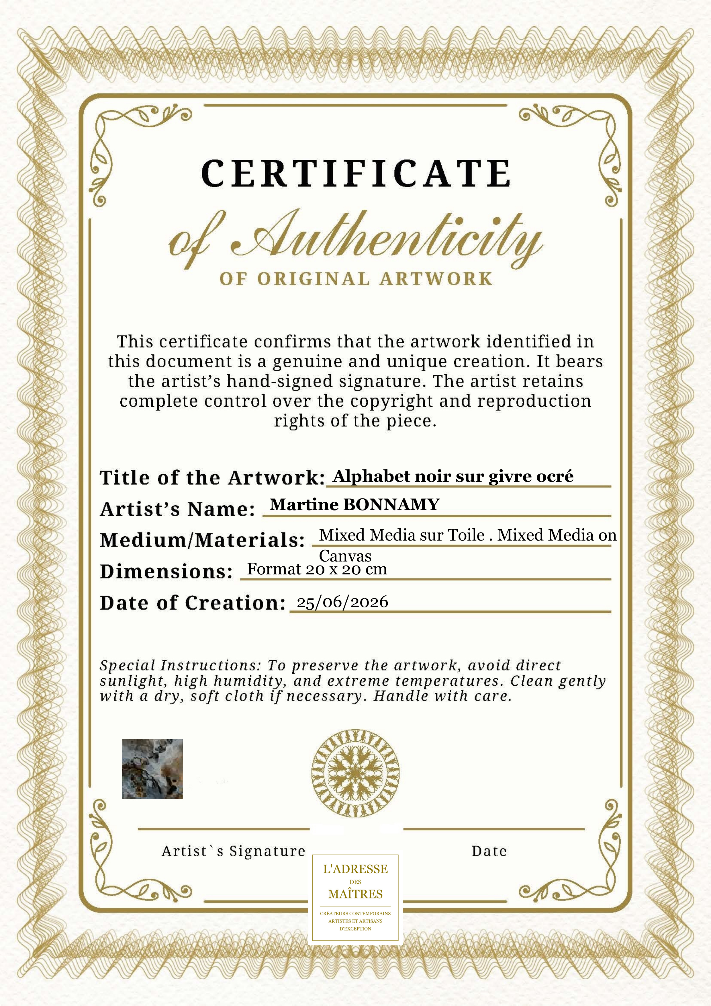 Certificat d'authenticité — Alphabet noir sur givre ocré — Martine BONNAMY