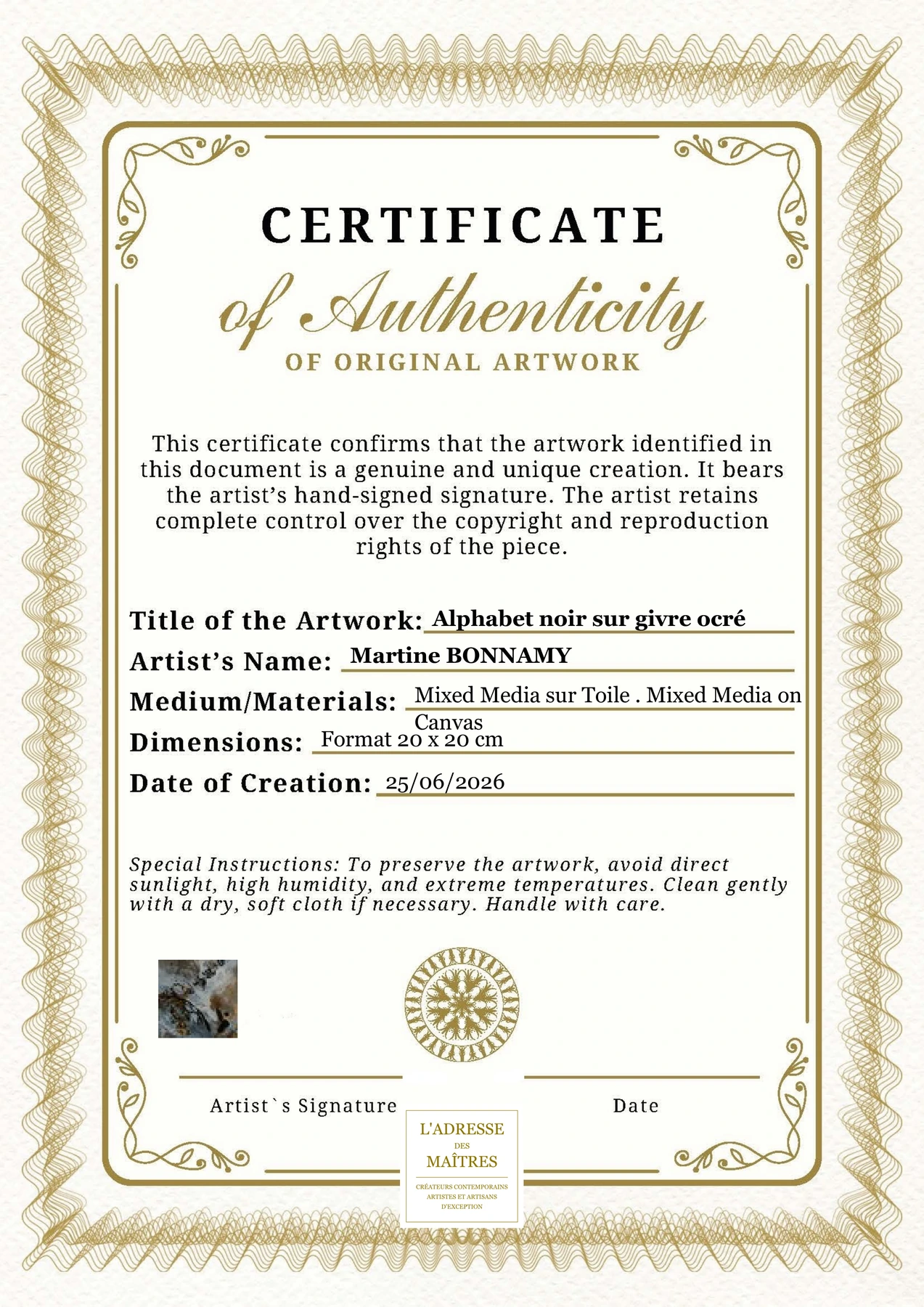 Certificat d'authenticité - Alphabet noir sur givre ocré - Martine BONNAMY