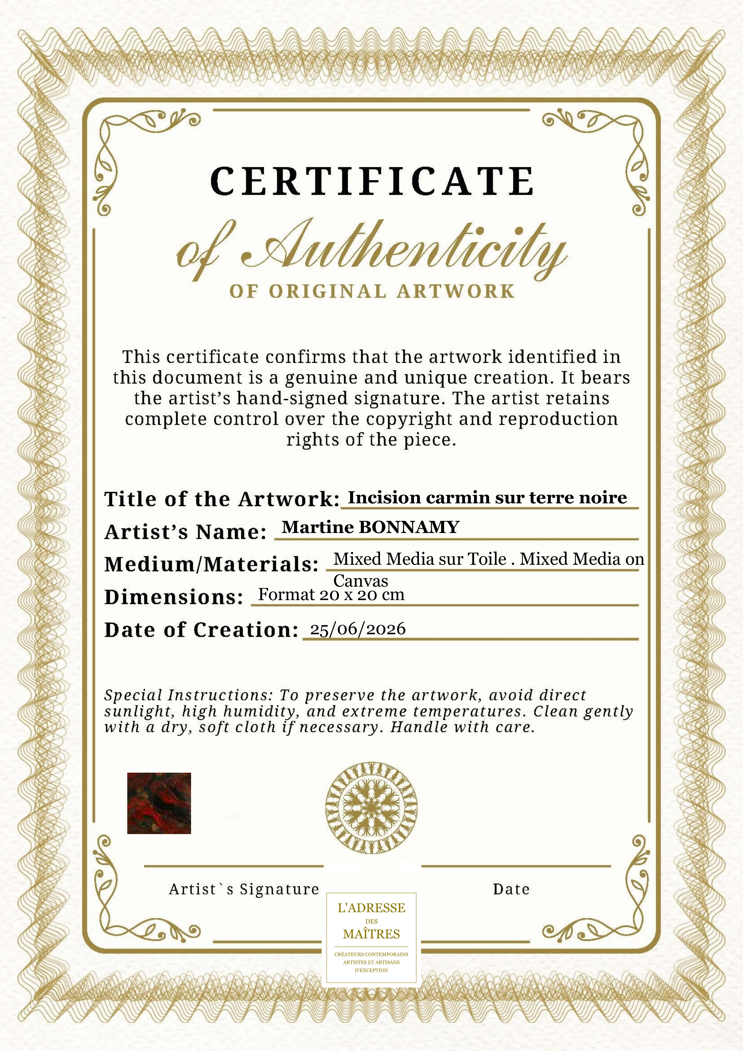 Certificat d'authenticité — Incision carmin sur terre noire — Martine BONNAMY