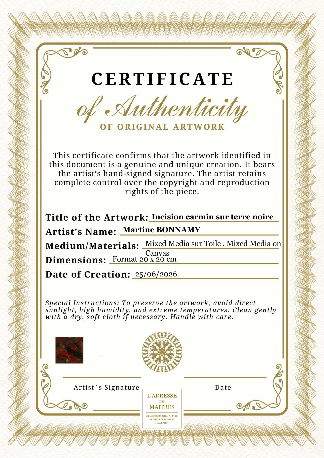 Certificat d'authenticité - Incision carmin sur terre noire - Martine BONNAMY