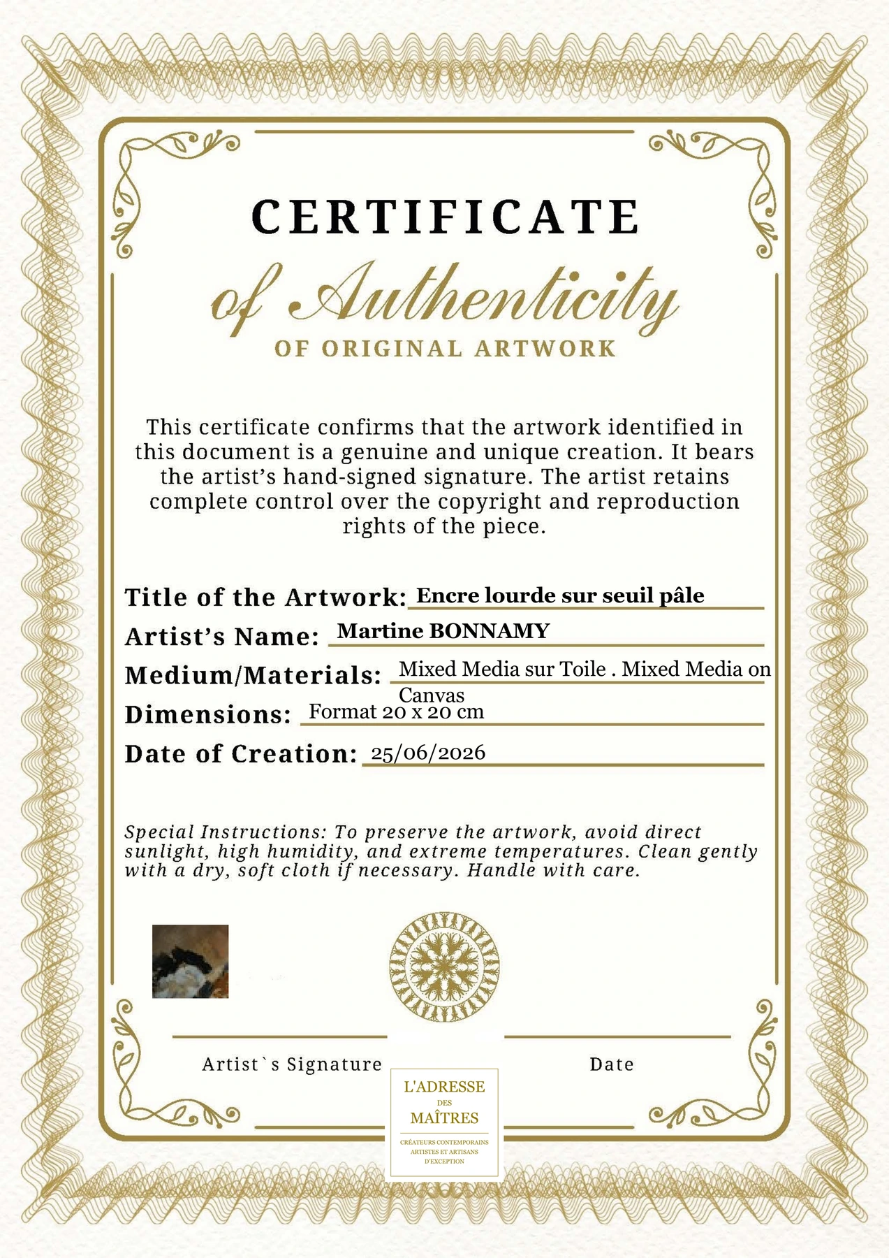 Certificat d'authenticité - Encre lourde sur seuil pâle - Martine BONNAMY