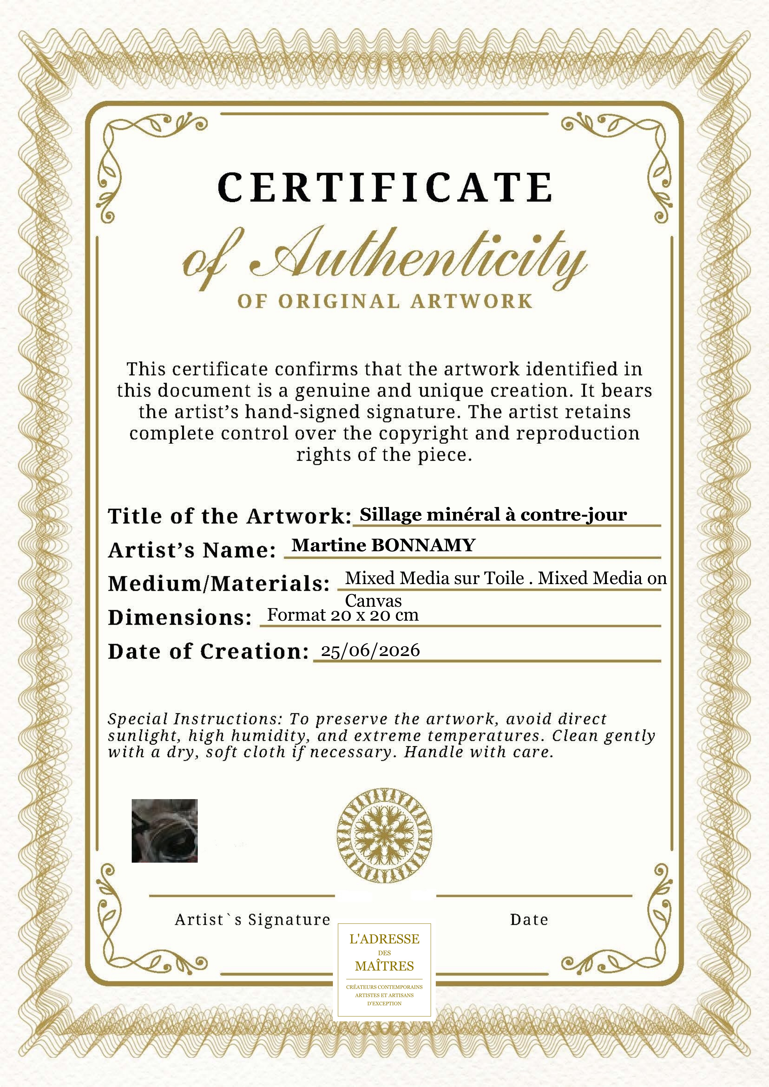 Certificat d'authenticité — Sillage minéral à contre-jour — Martine BONNAMY