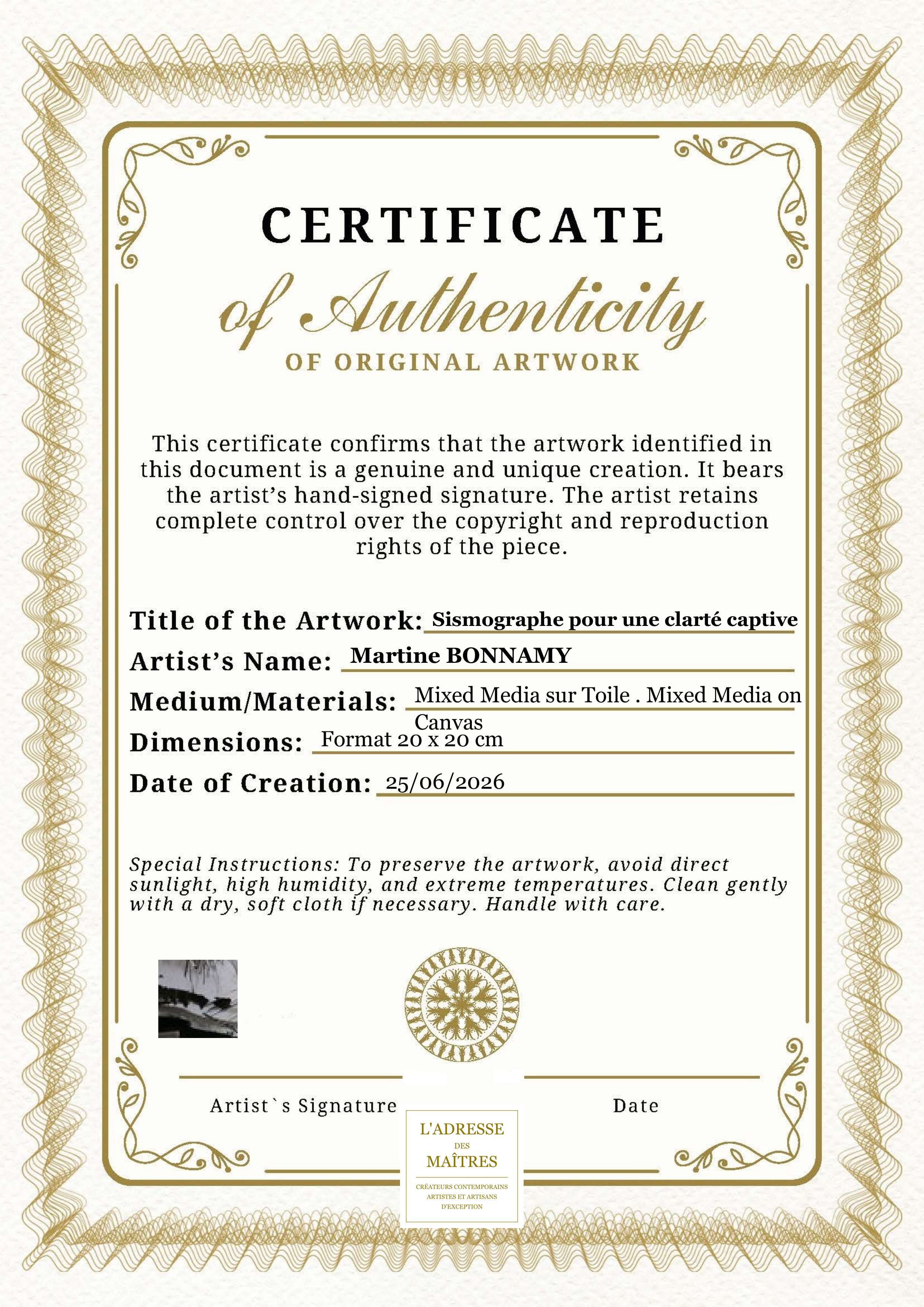 Certificat d'authenticité — Sismographe pour une clarté captive — Martine BONNAMY