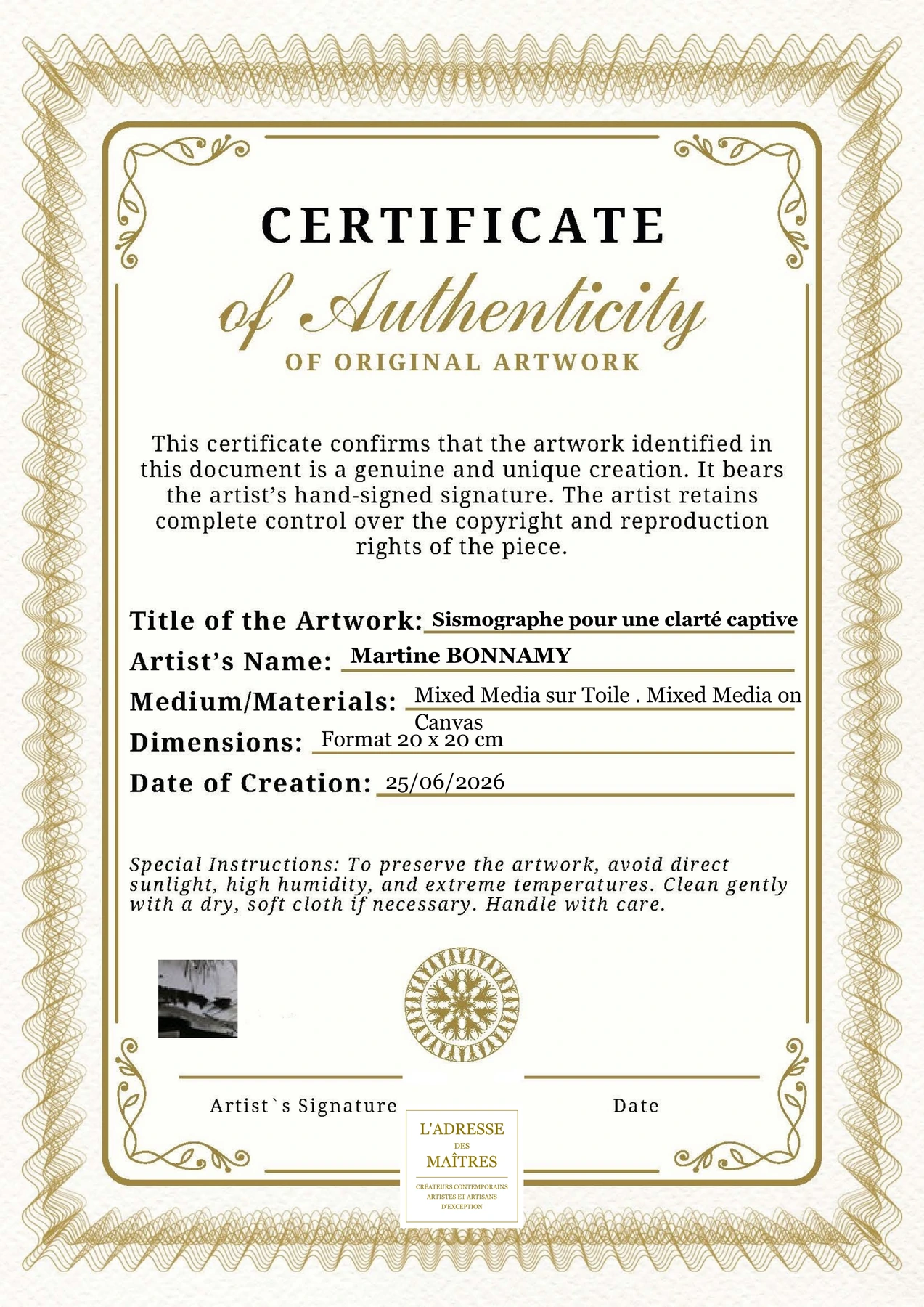 Certificat d'authenticité - Sismographe pour une clarté captive - Martine BONNAMY