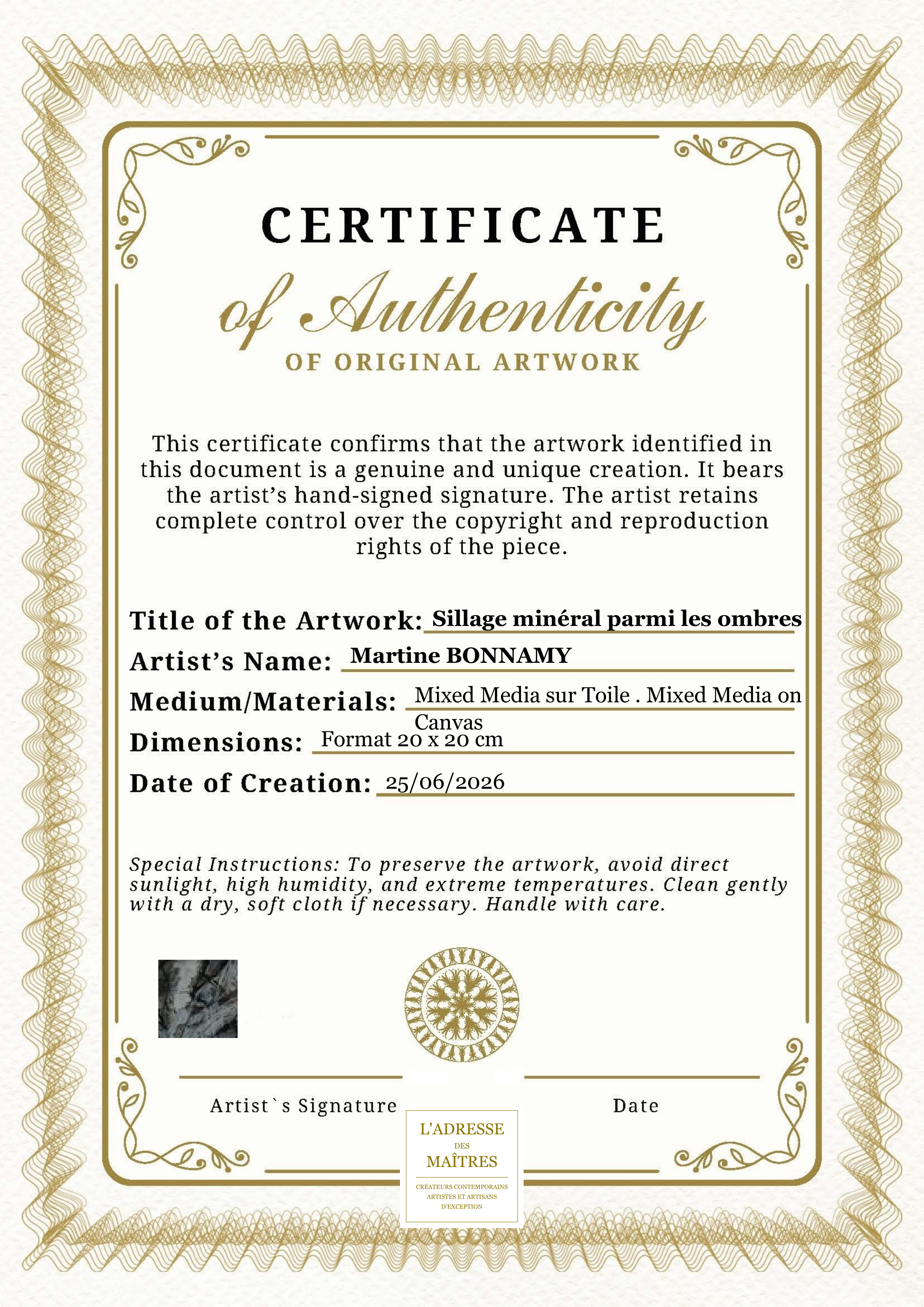 Certificat d'authenticité — Sillage minéral parmi les ombres — Martine BONNAMY