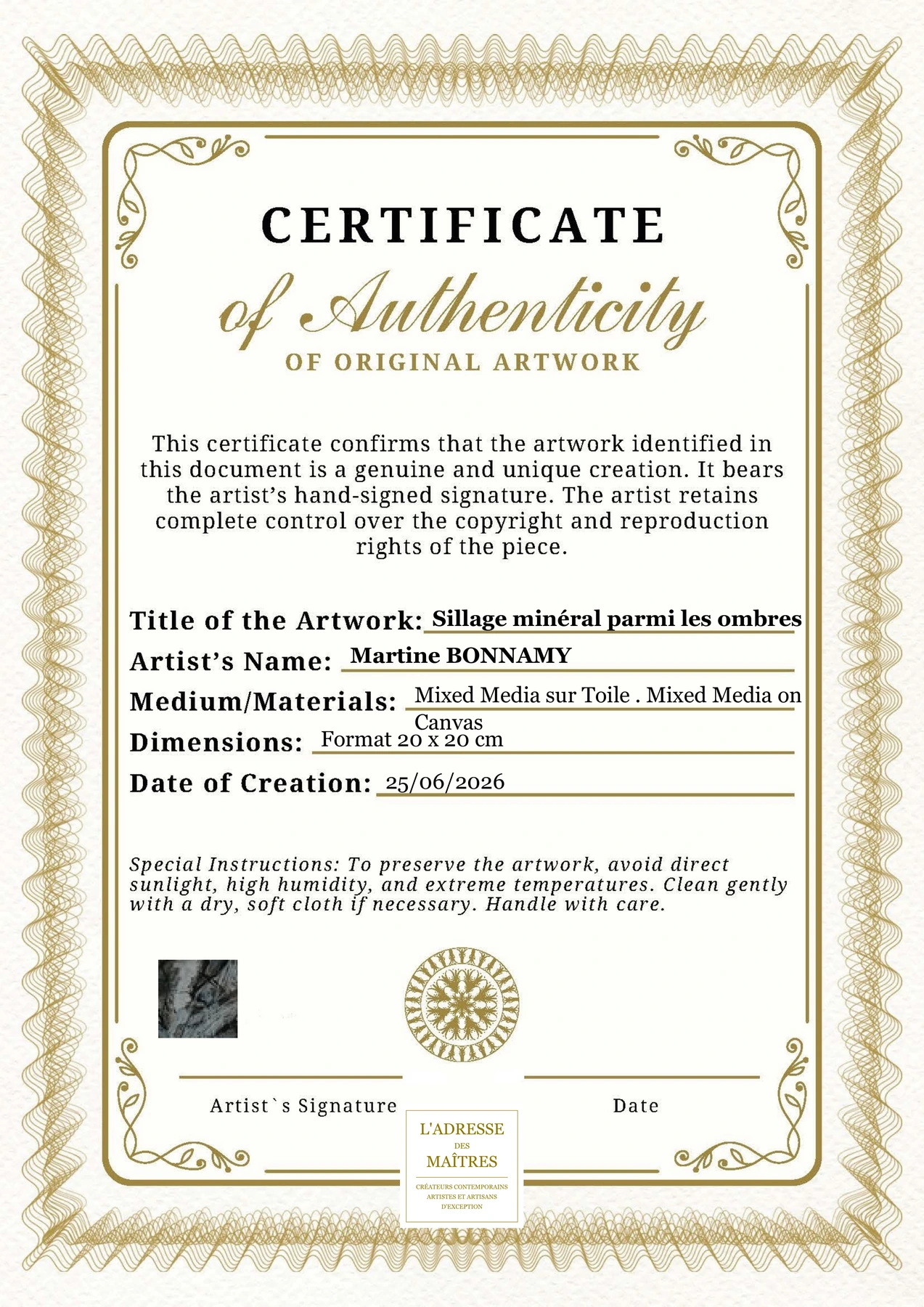Certificat d'authenticité - Sillage minéral parmi les ombres - Martine BONNAMY