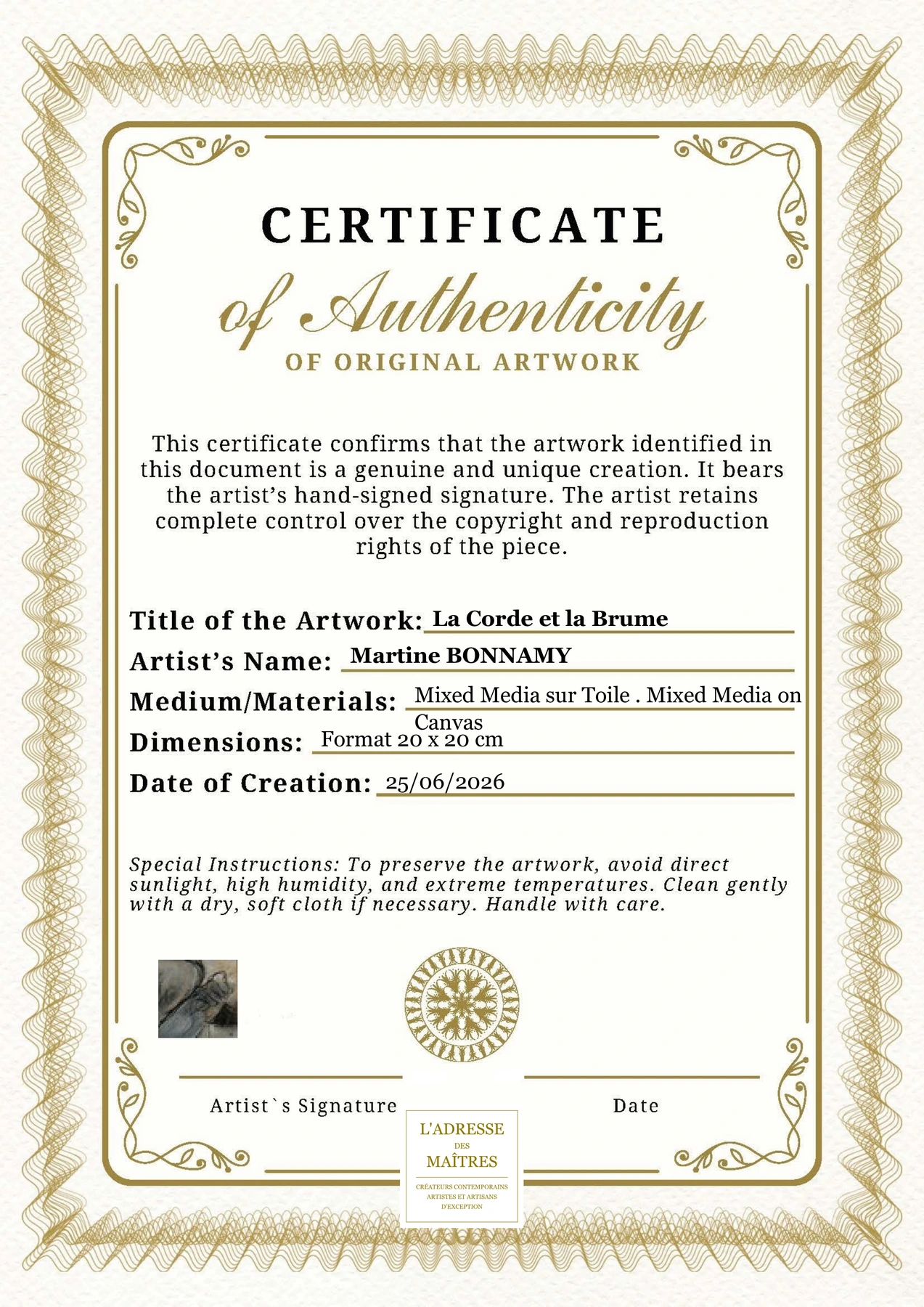 Certificat d'authenticité - La Corde et la Brume - Martine BONNAMY