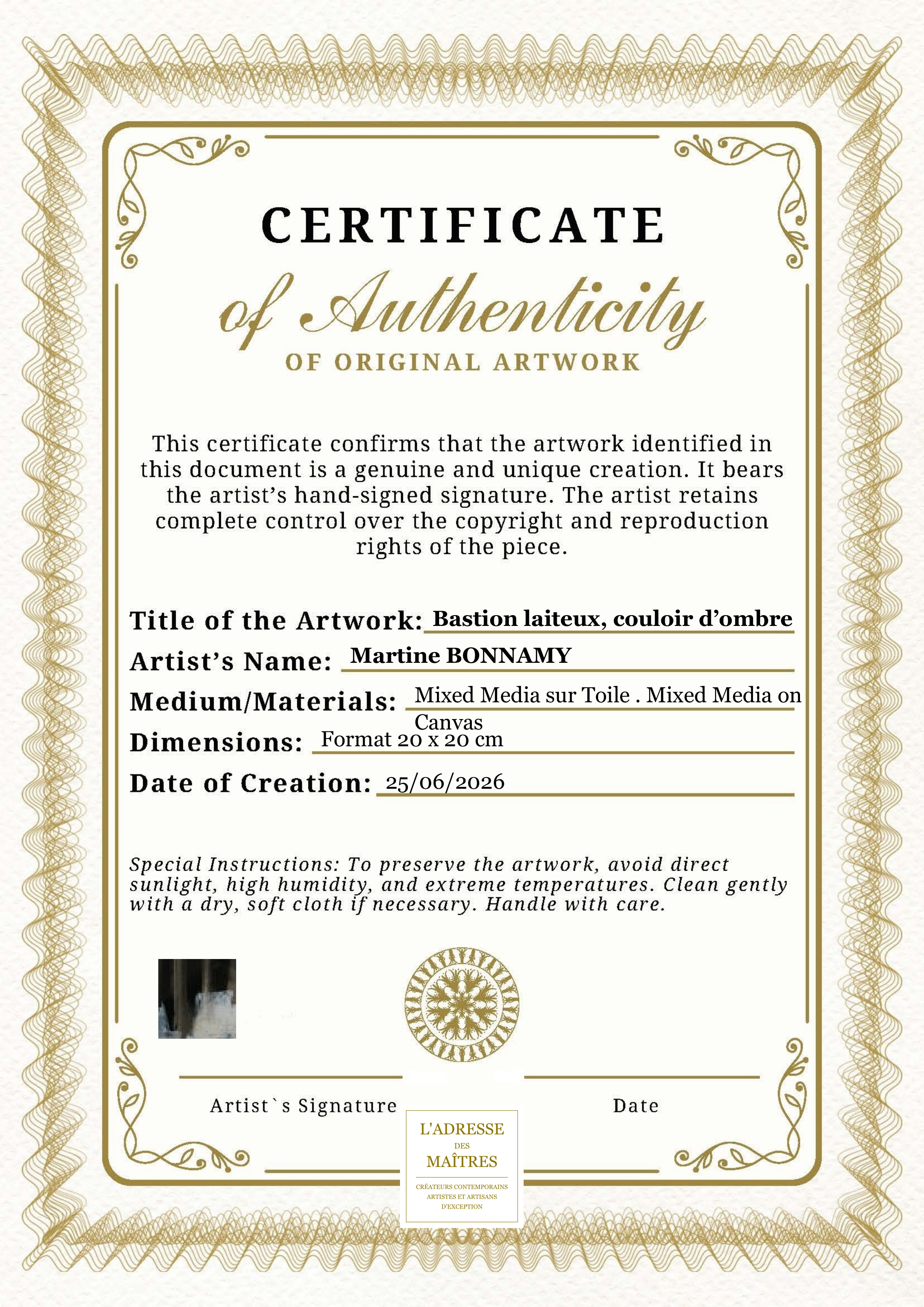 Certificat d'authenticité — Bastion laiteux, couloir d’ombre — Martine BONNAMY