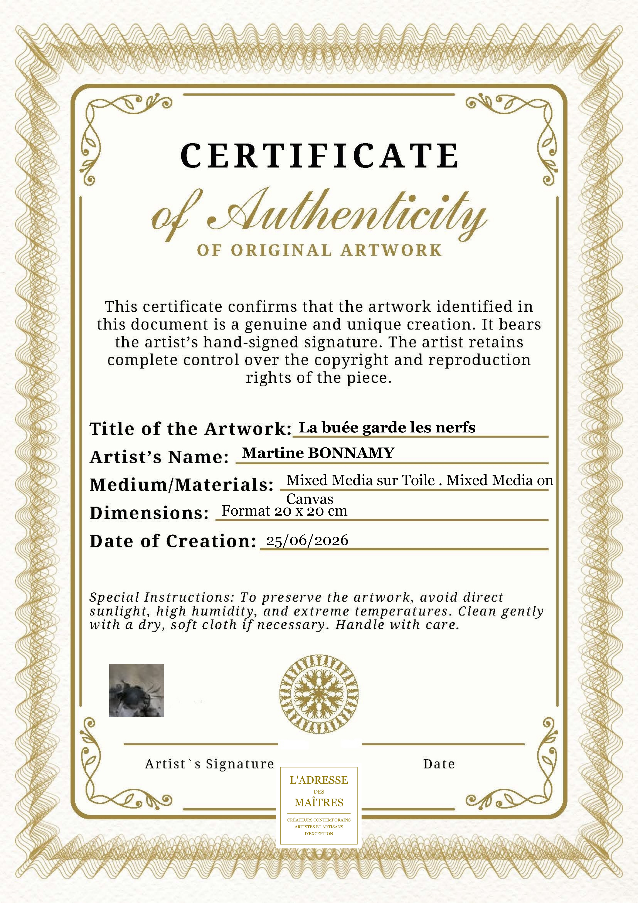 Certificat d'authenticité — La buée garde les nerfs — Martine BONNAMY