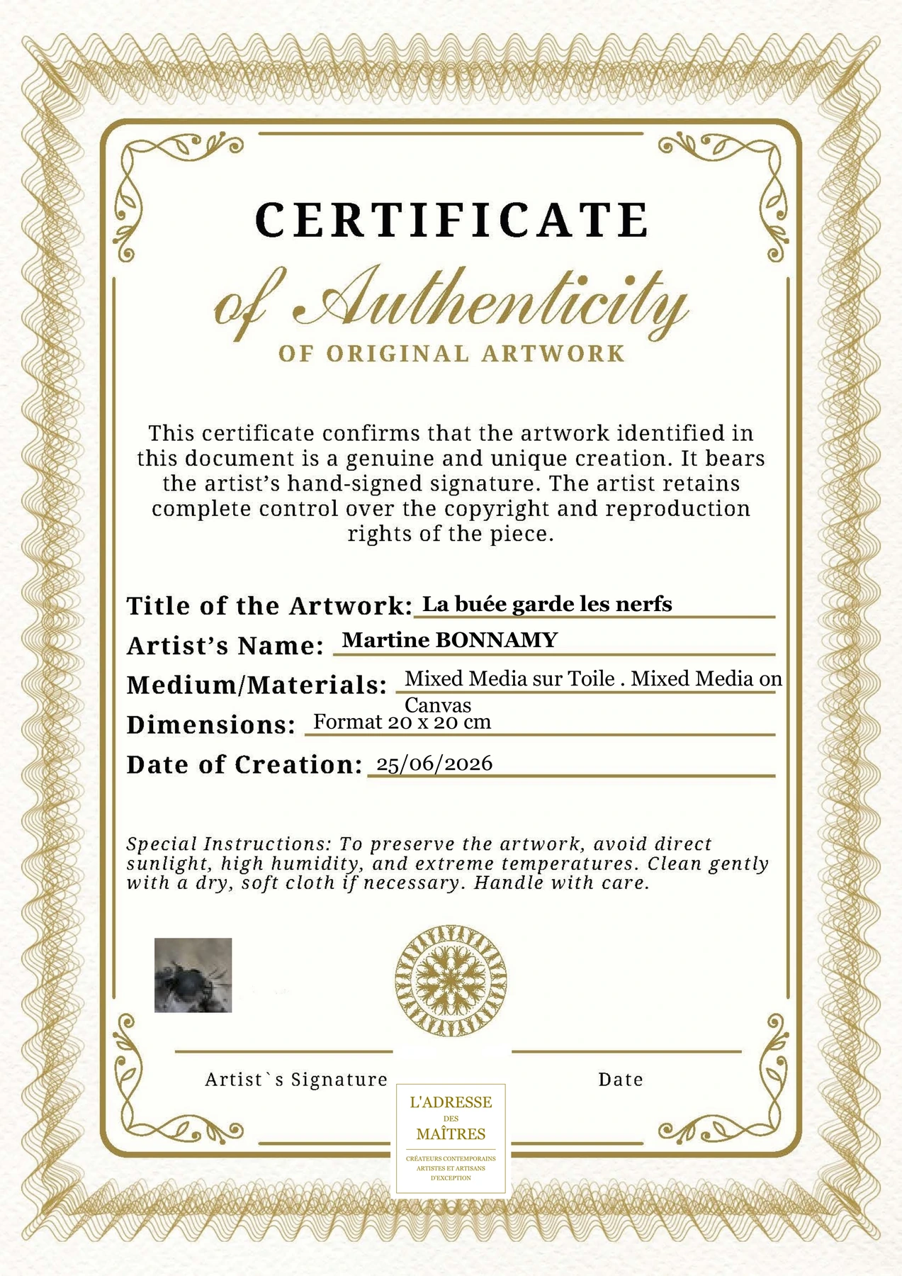 Certificat d'authenticité - La buée garde les nerfs - Martine BONNAMY