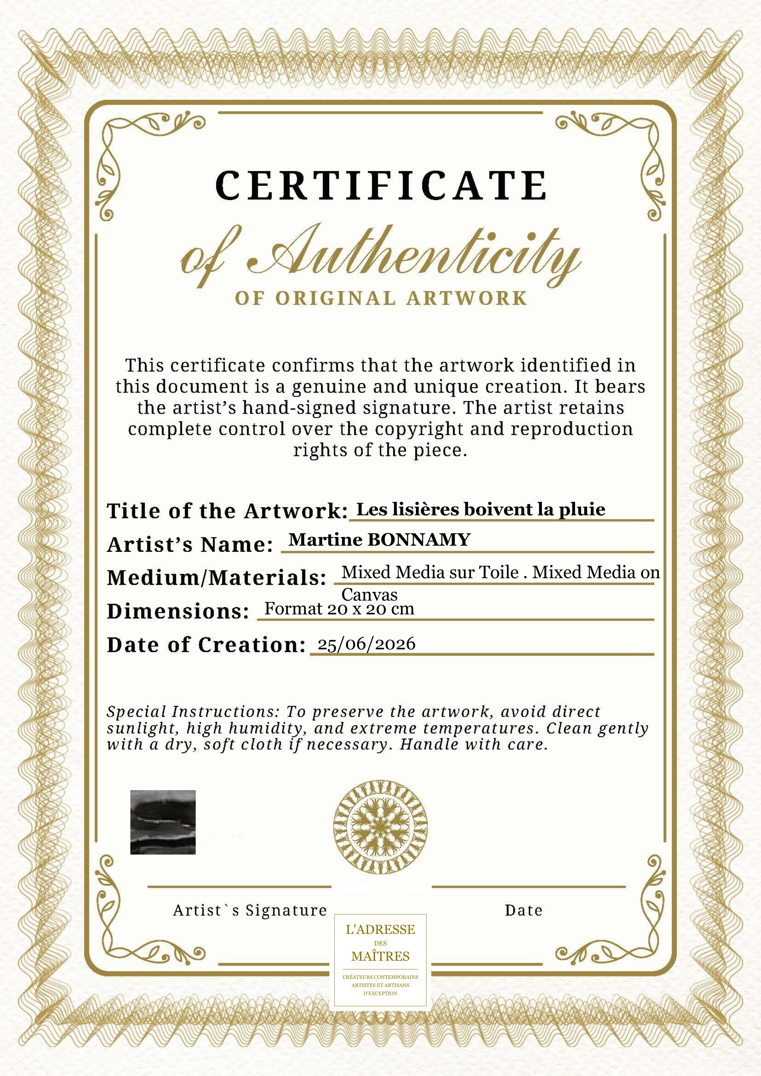 Certificat d'authenticité — Les lisières boivent la pluie — Martine BONNAMY