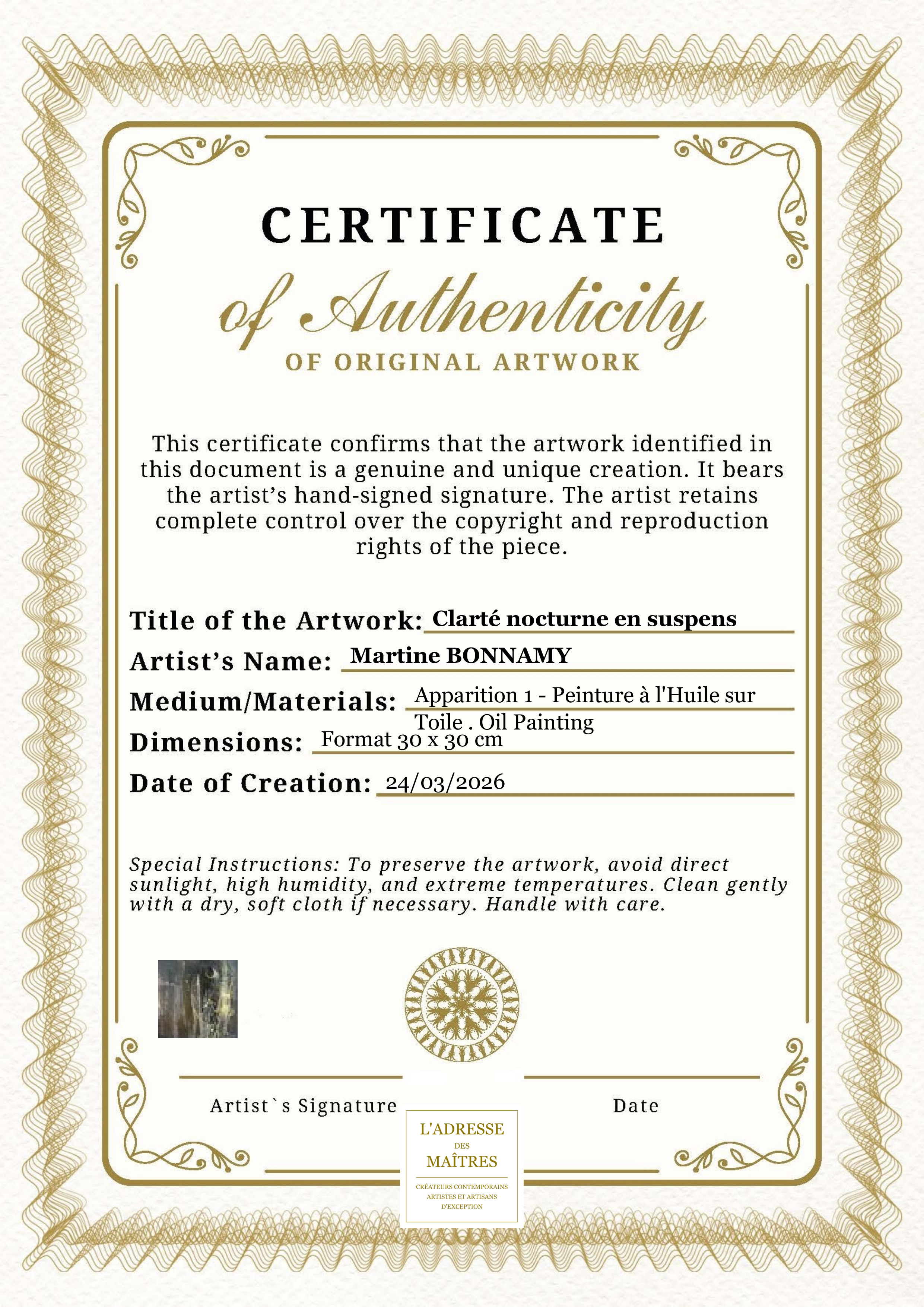 Certificat d'authenticité — Clarté nocturne en suspens — Martine BONNAMY