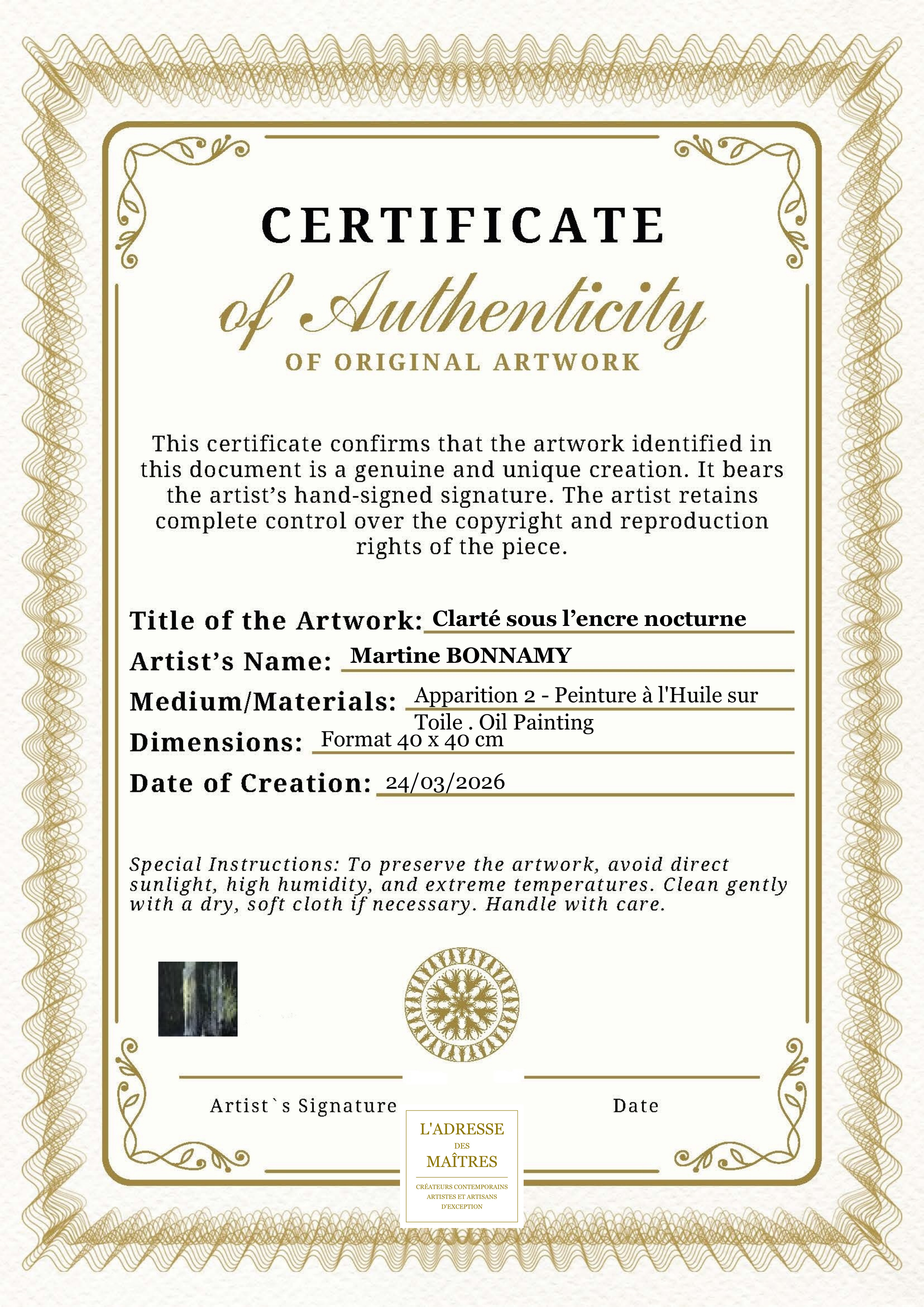 Certificat d'authenticité — Clarté sous l’encre nocturne — Martine BONNAMY