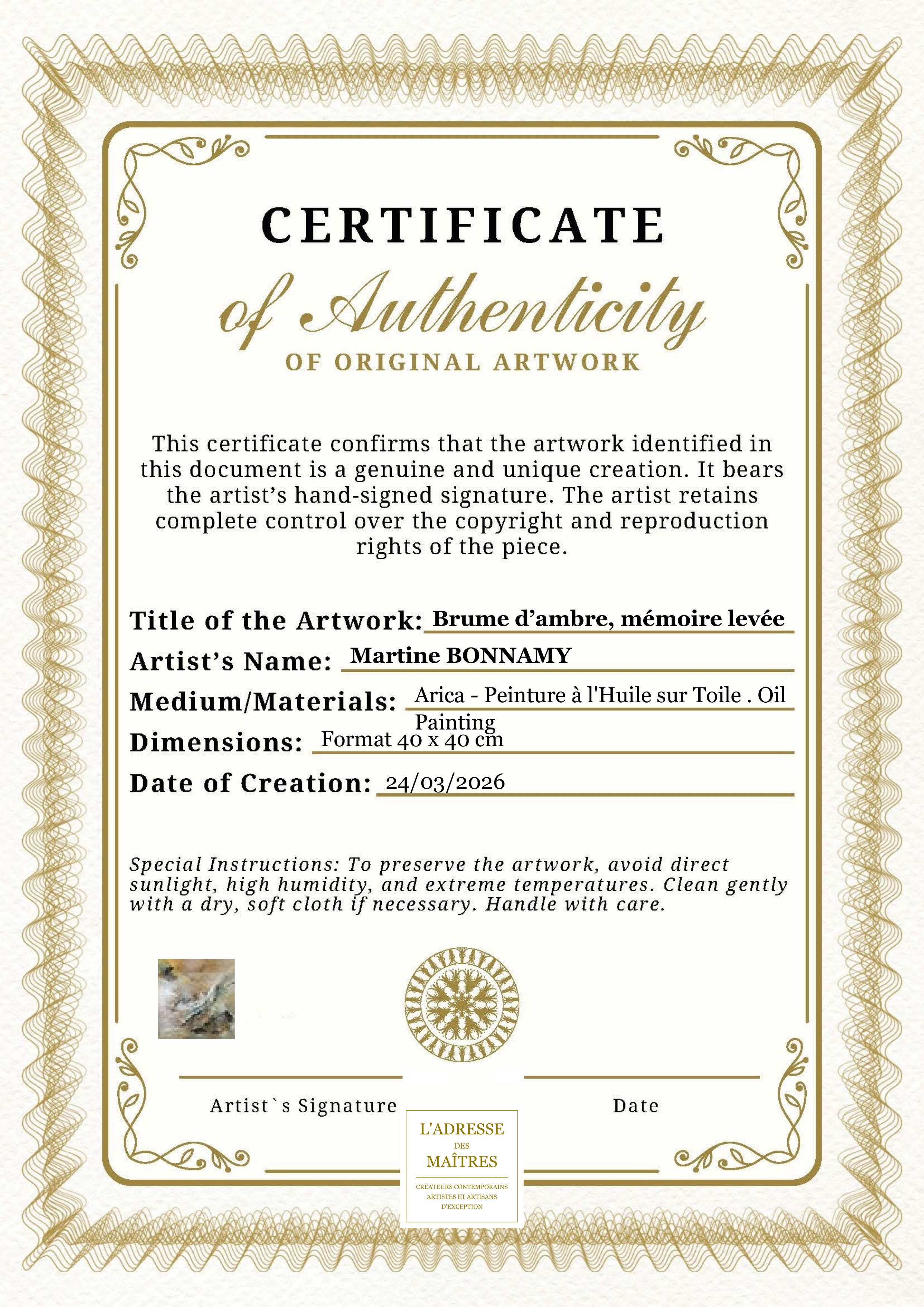 Certificat d'authenticité — Brume d’ambre, mémoire levée — Martine BONNAMY