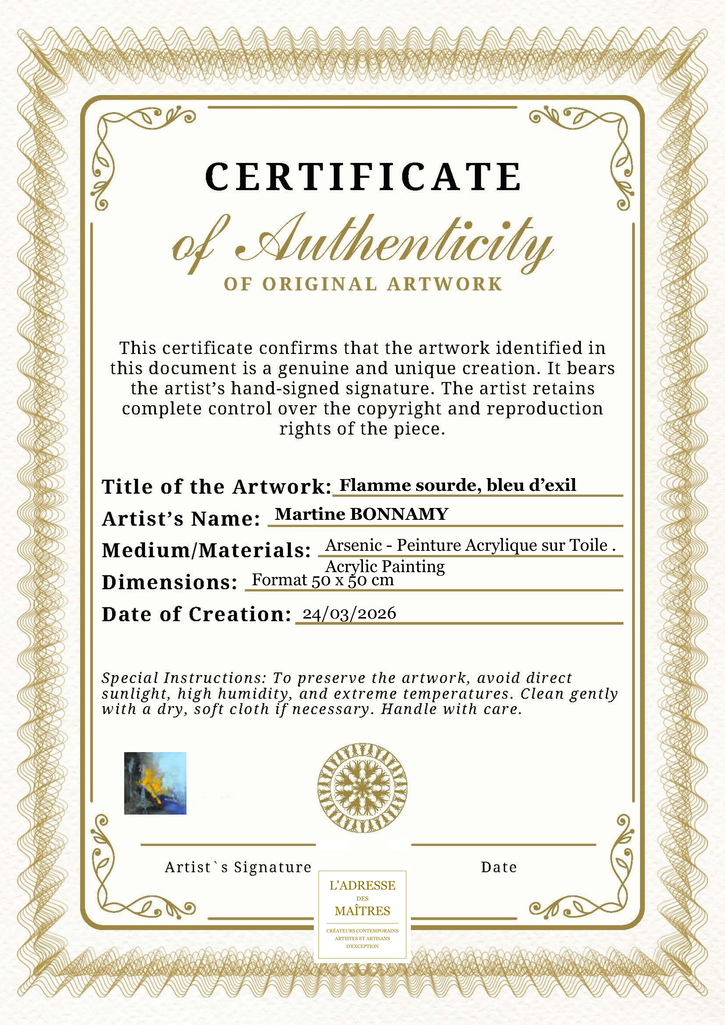 Certificat d'authenticité — Flamme sourde, bleu d’exil — Martine BONNAMY