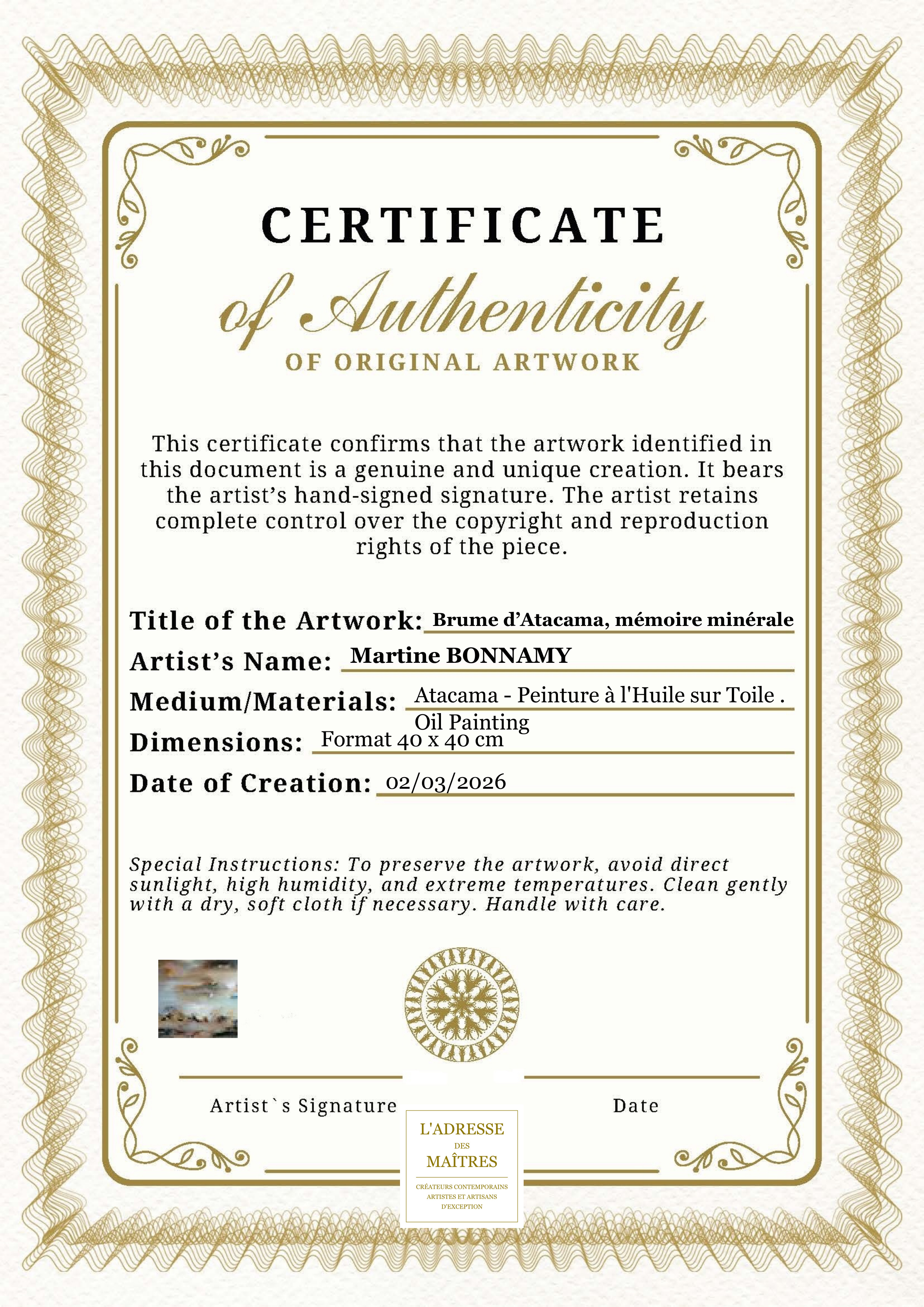 Certificat d'authenticité — Brume d’Atacama, mémoire minérale — Martine BONNAMY