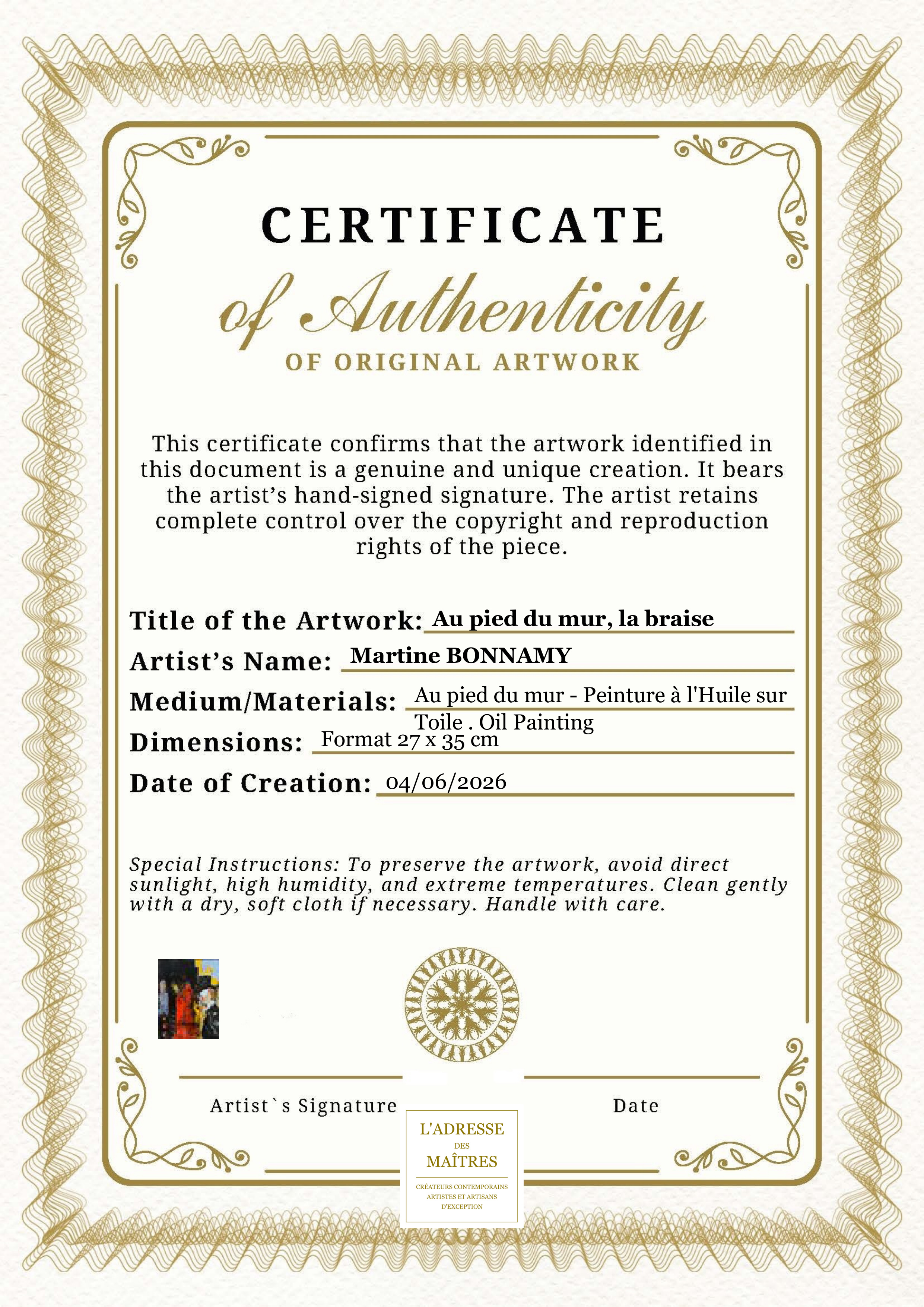 Certificat d'authenticité — Au pied du mur, la braise — Martine BONNAMY