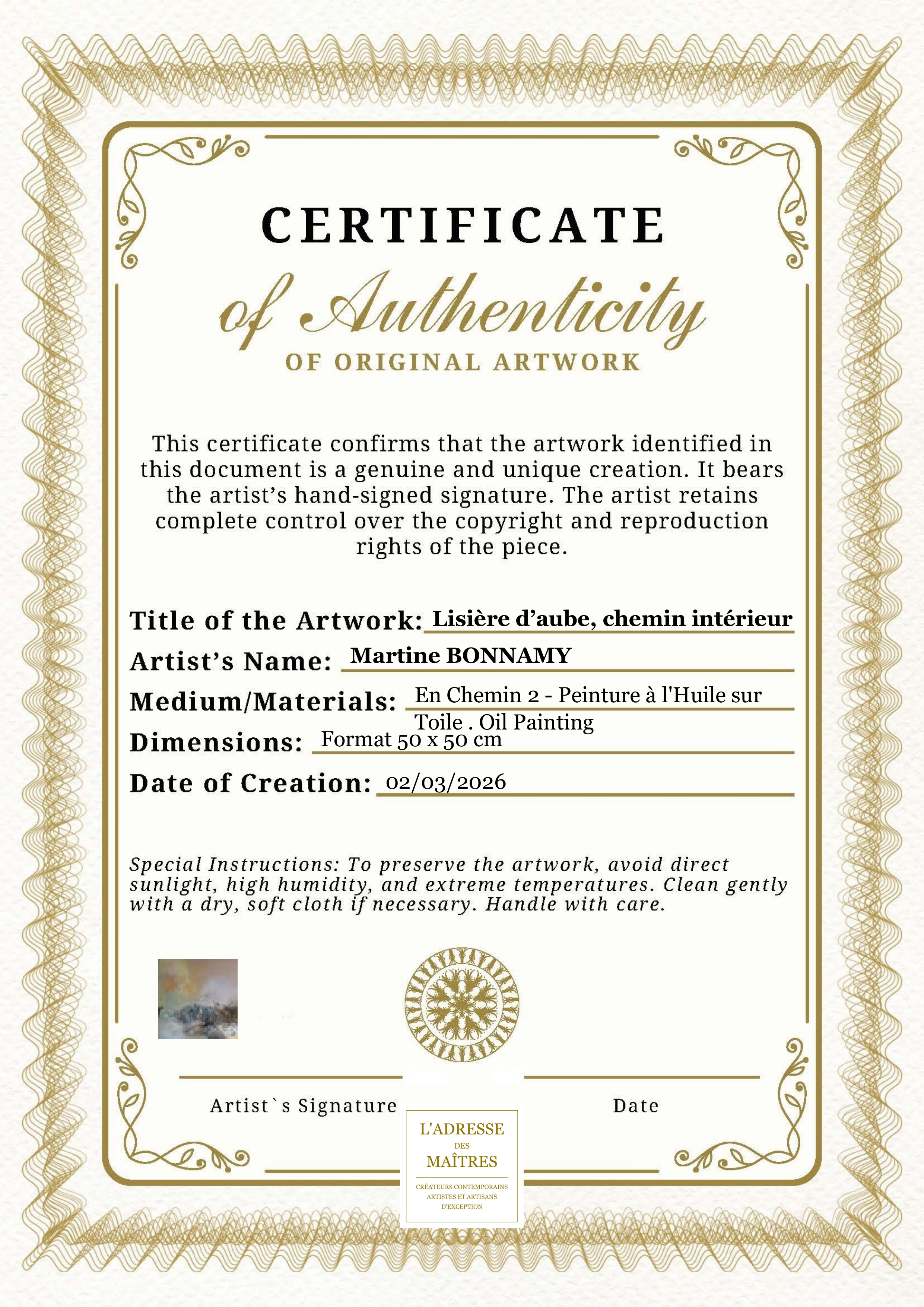 Certificat d'authenticité — Lisière d’aube, chemin intérieur — Martine BONNAMY
