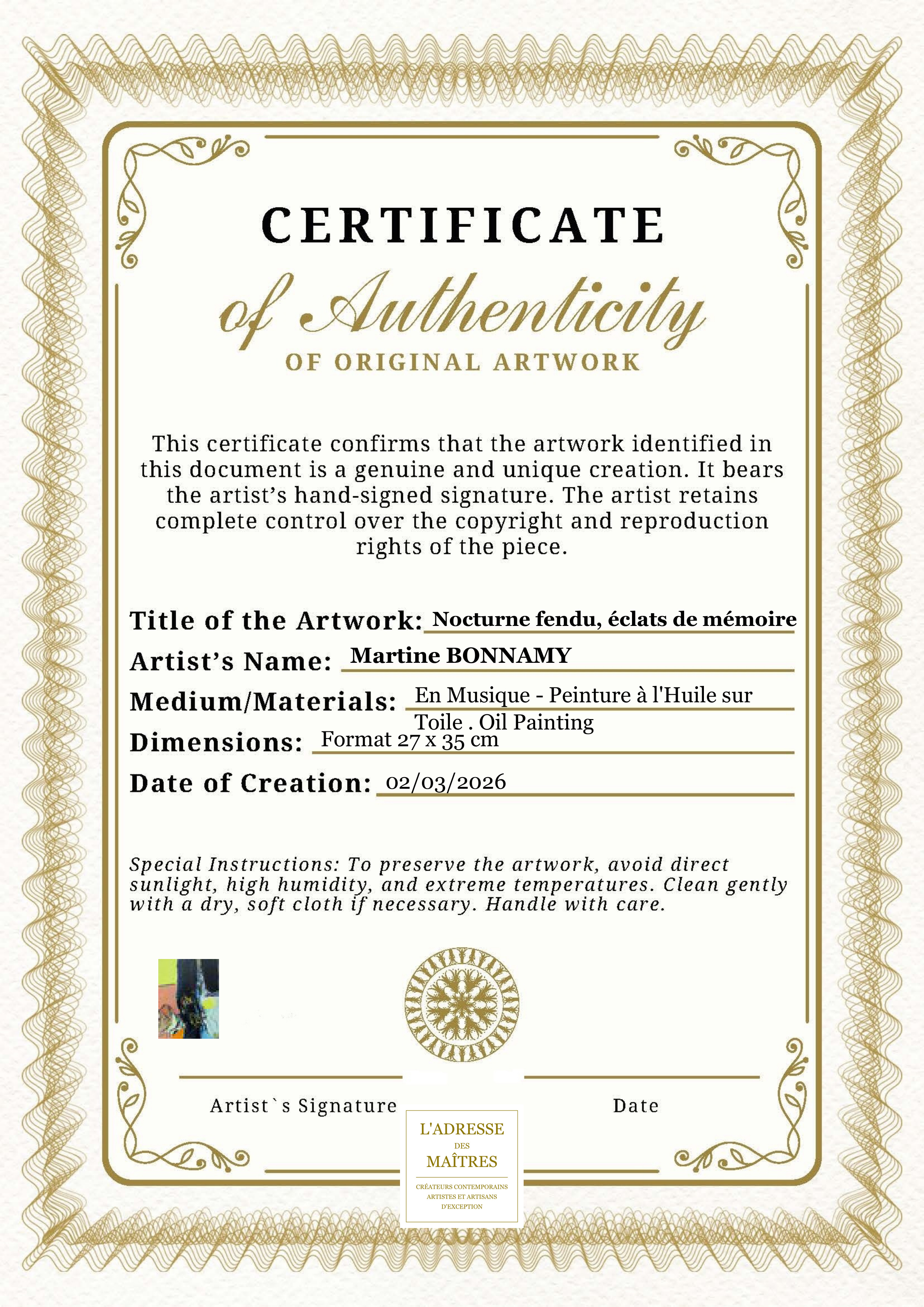 Certificat d'authenticité — Nocturne fendu, éclats de mémoire — Martine BONNAMY