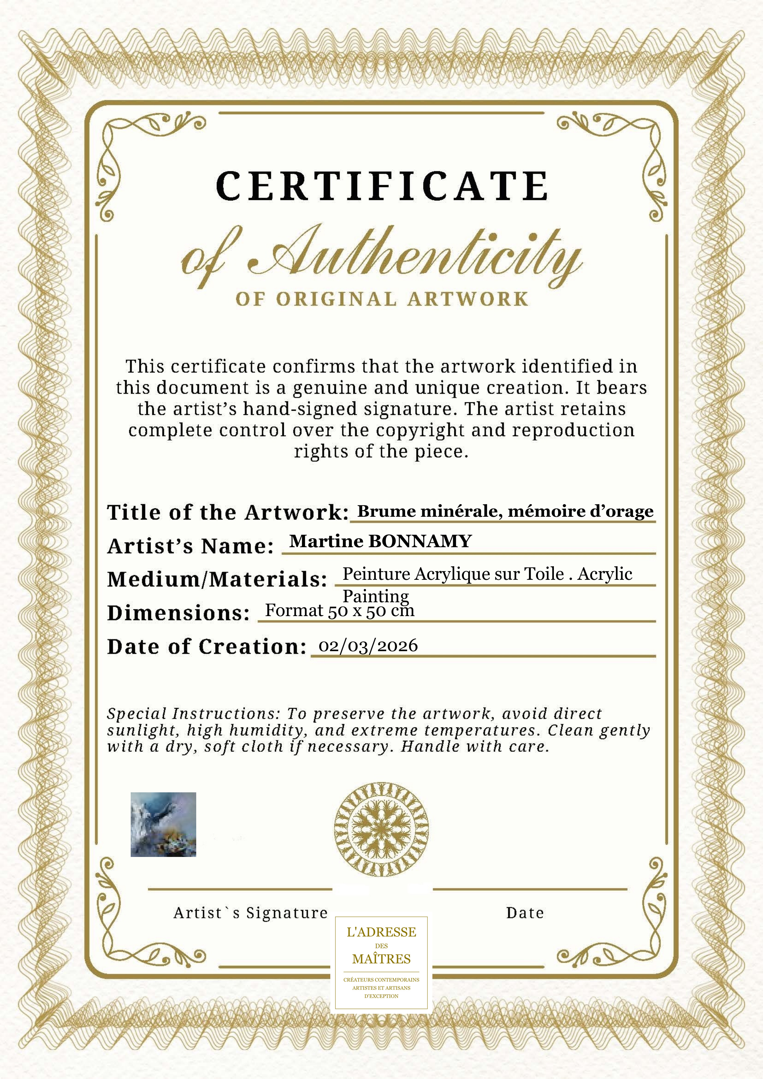 Certificat d'authenticité — Brume minérale, mémoire d’orage — Martine BONNAMY