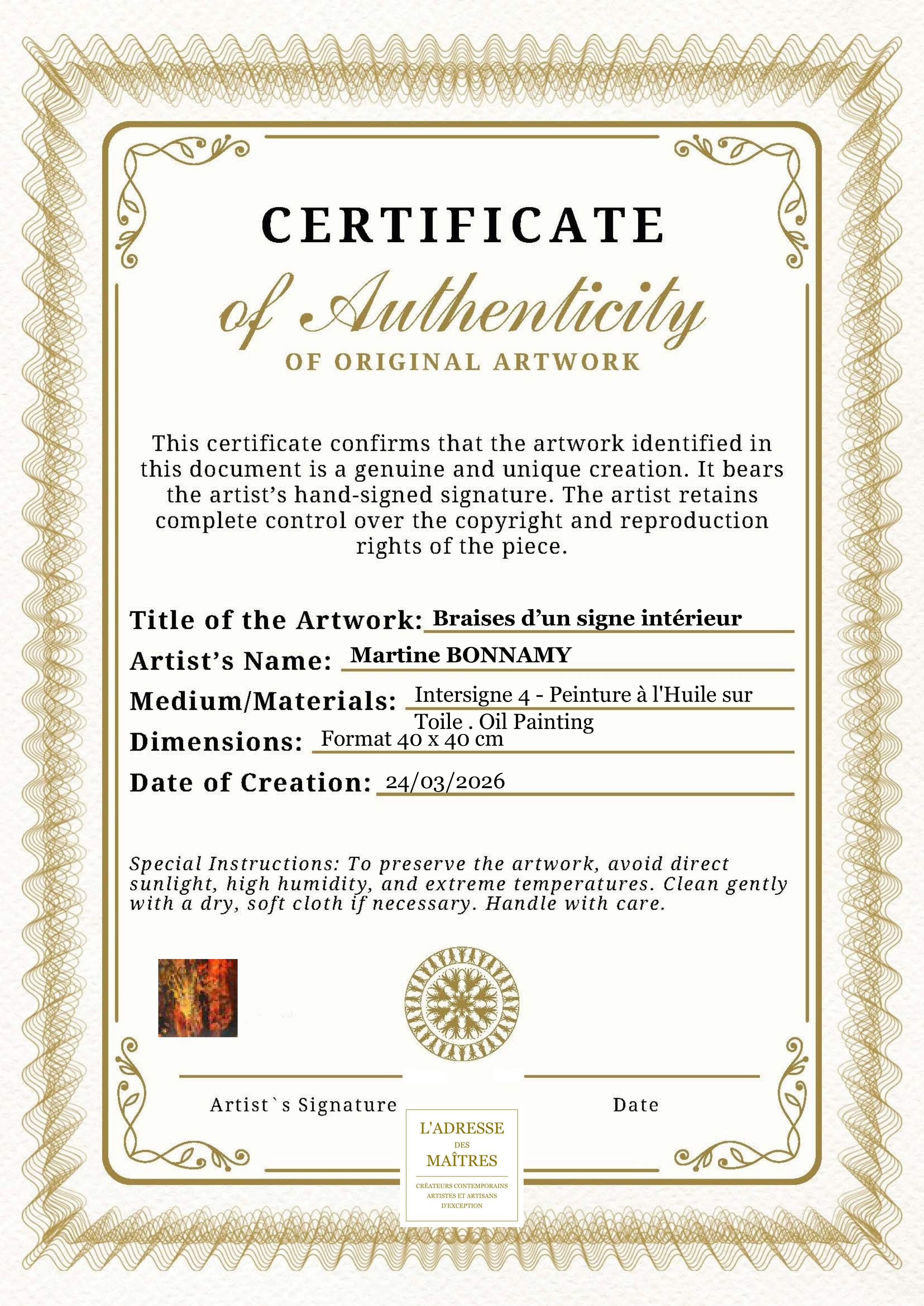 Certificat d'authenticité — Braises d’un signe intérieur — Martine BONNAMY