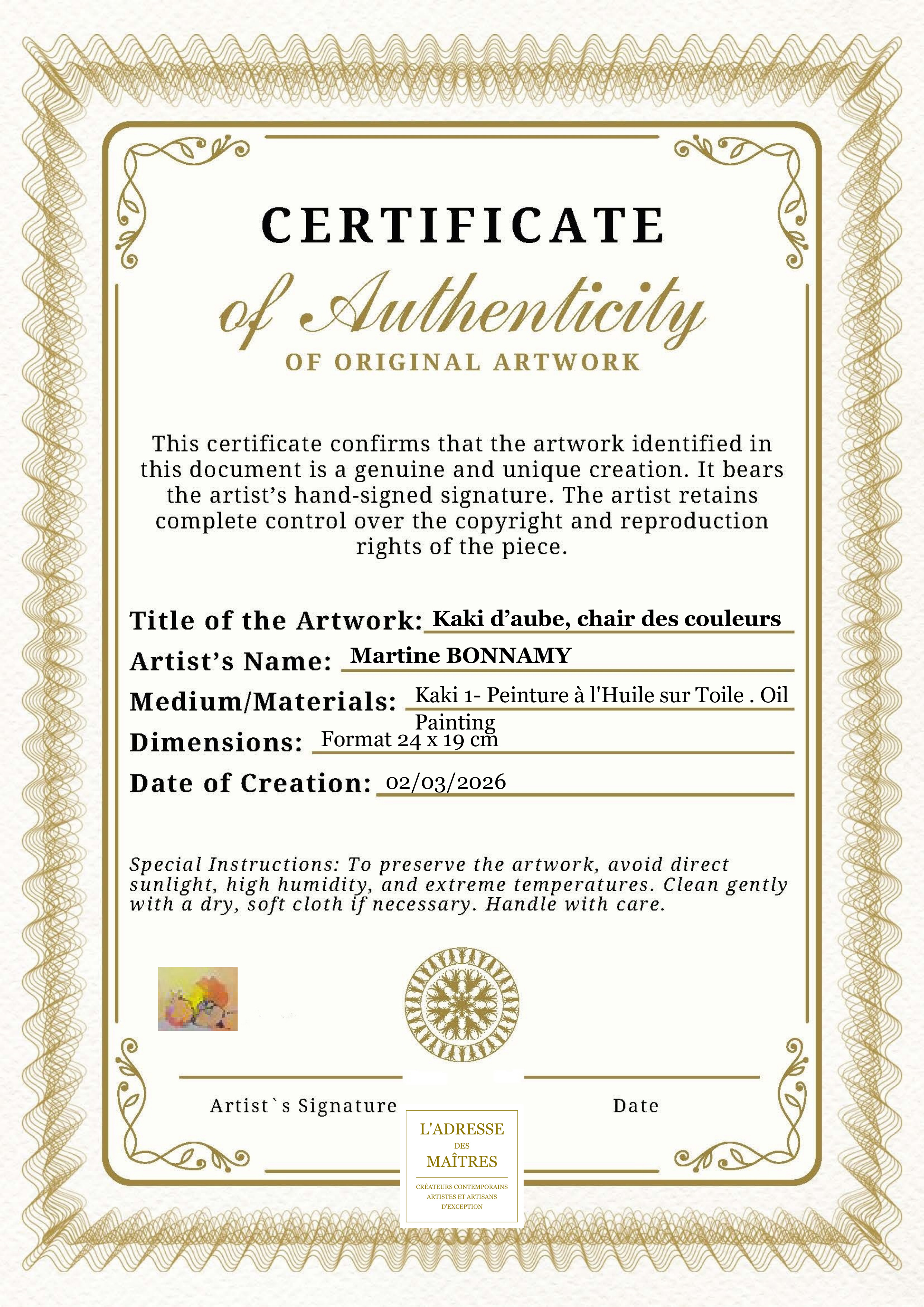 Certificat d'authenticité — Kaki d’aube, chair des couleurs — Martine BONNAMY