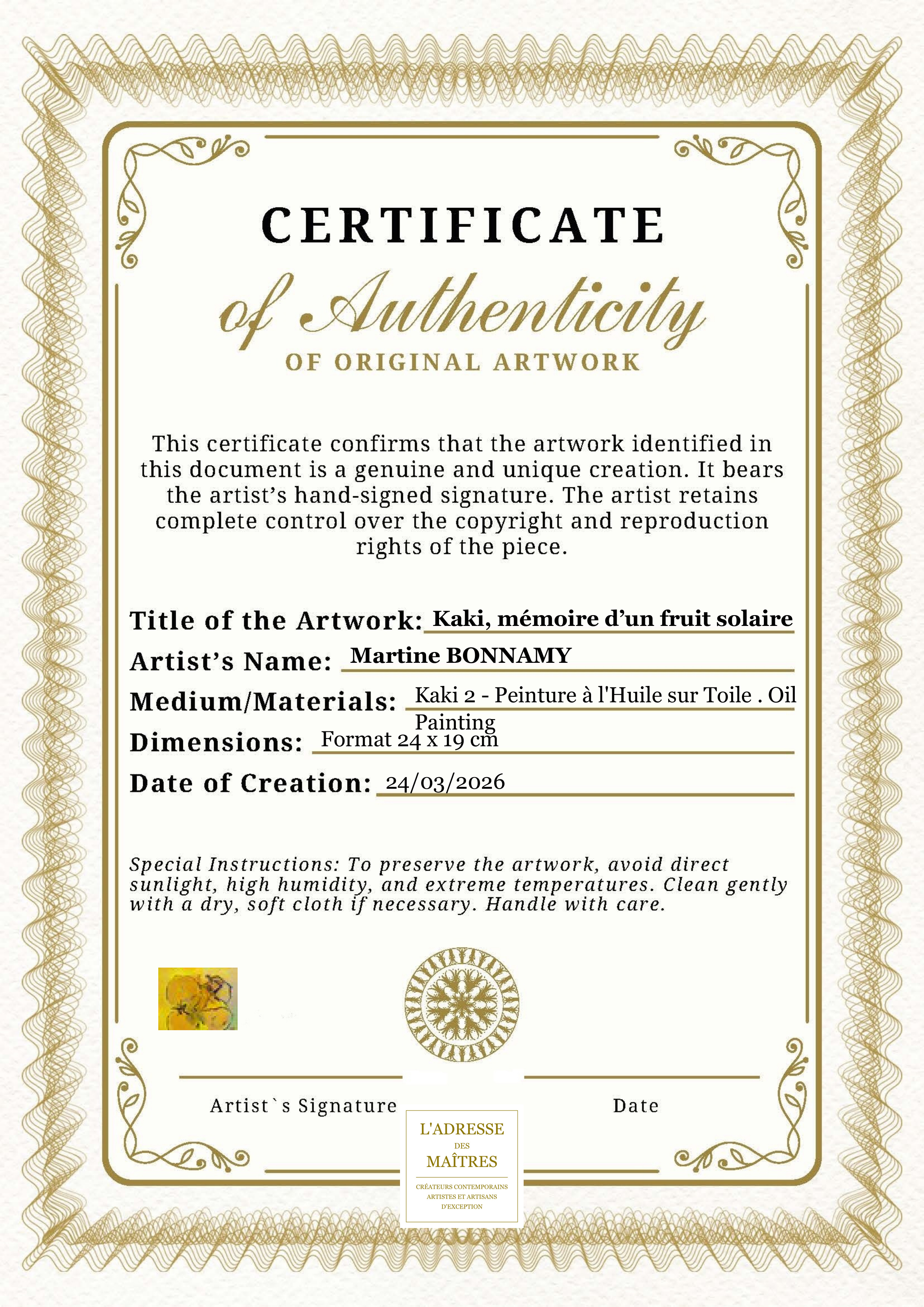 Certificat d'authenticité — Kaki, mémoire d’un fruit solaire — Martine BONNAMY