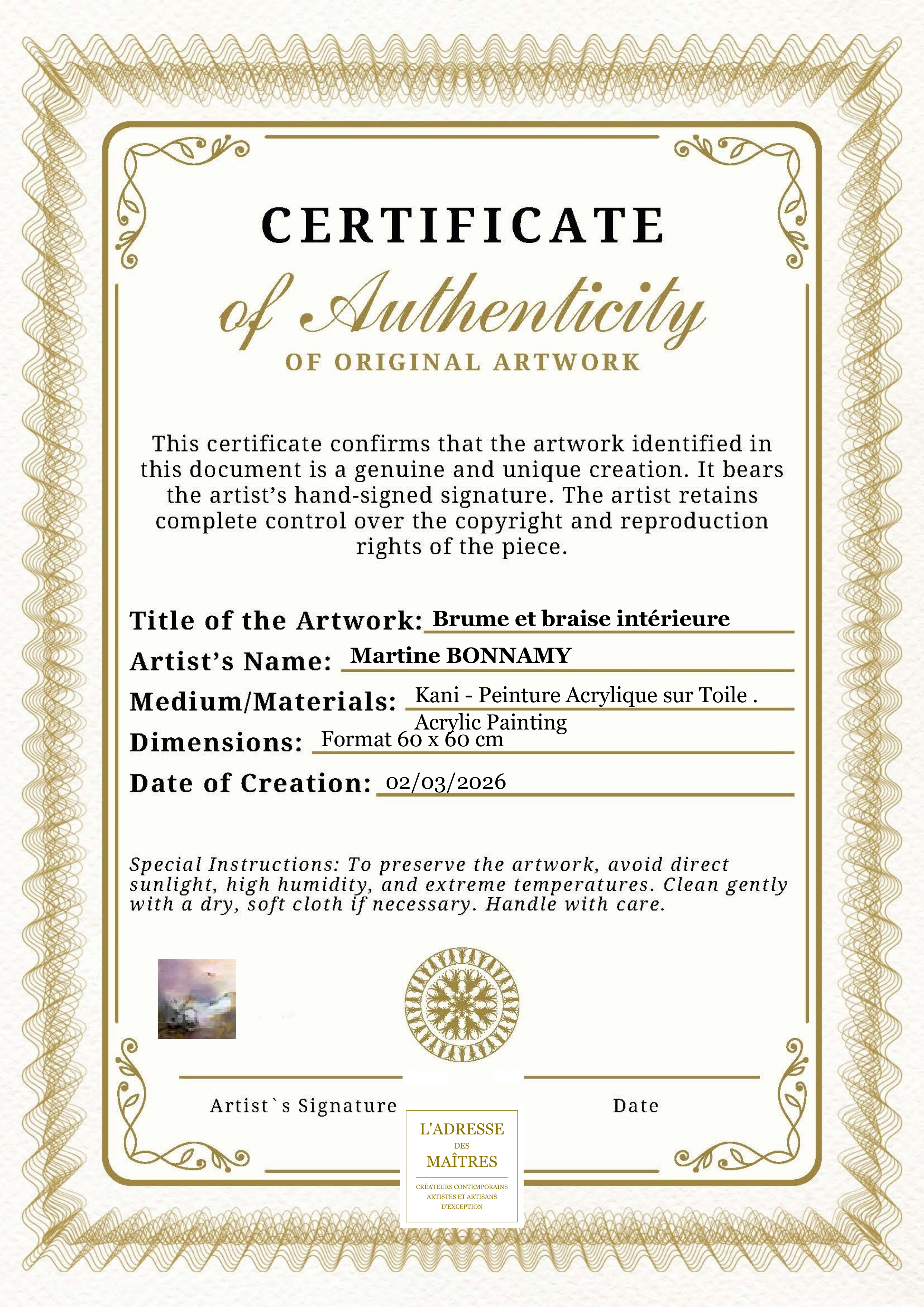 Certificat d'authenticité — Brume et braise intérieure — Martine BONNAMY